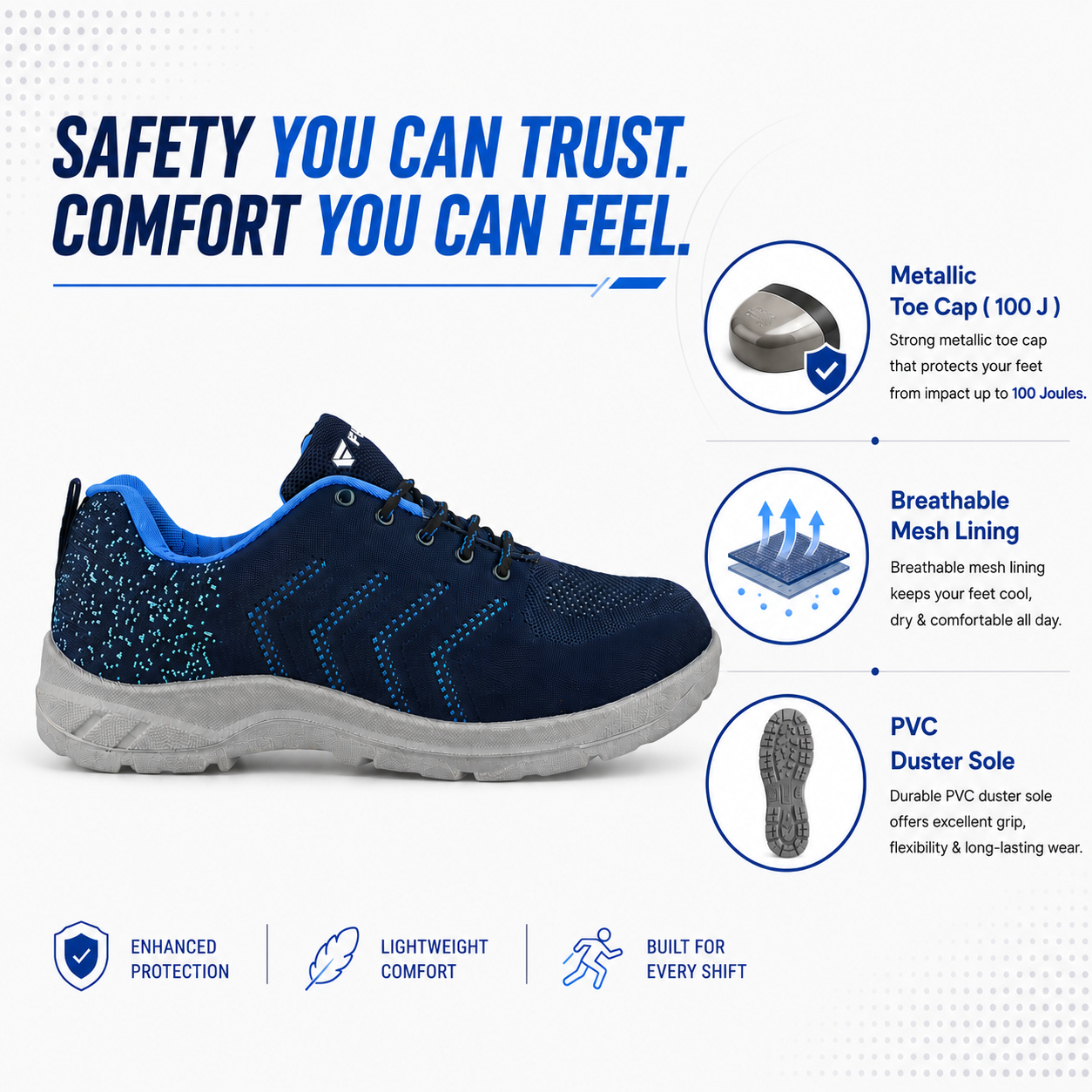 FUEL Arsenal Lightweight Safety Shoes for Men – Durable Industrial Sports Design with Strong Knitted Upper, PVC Sole, and 100J Metallic Toe Cap (UK 6–11)