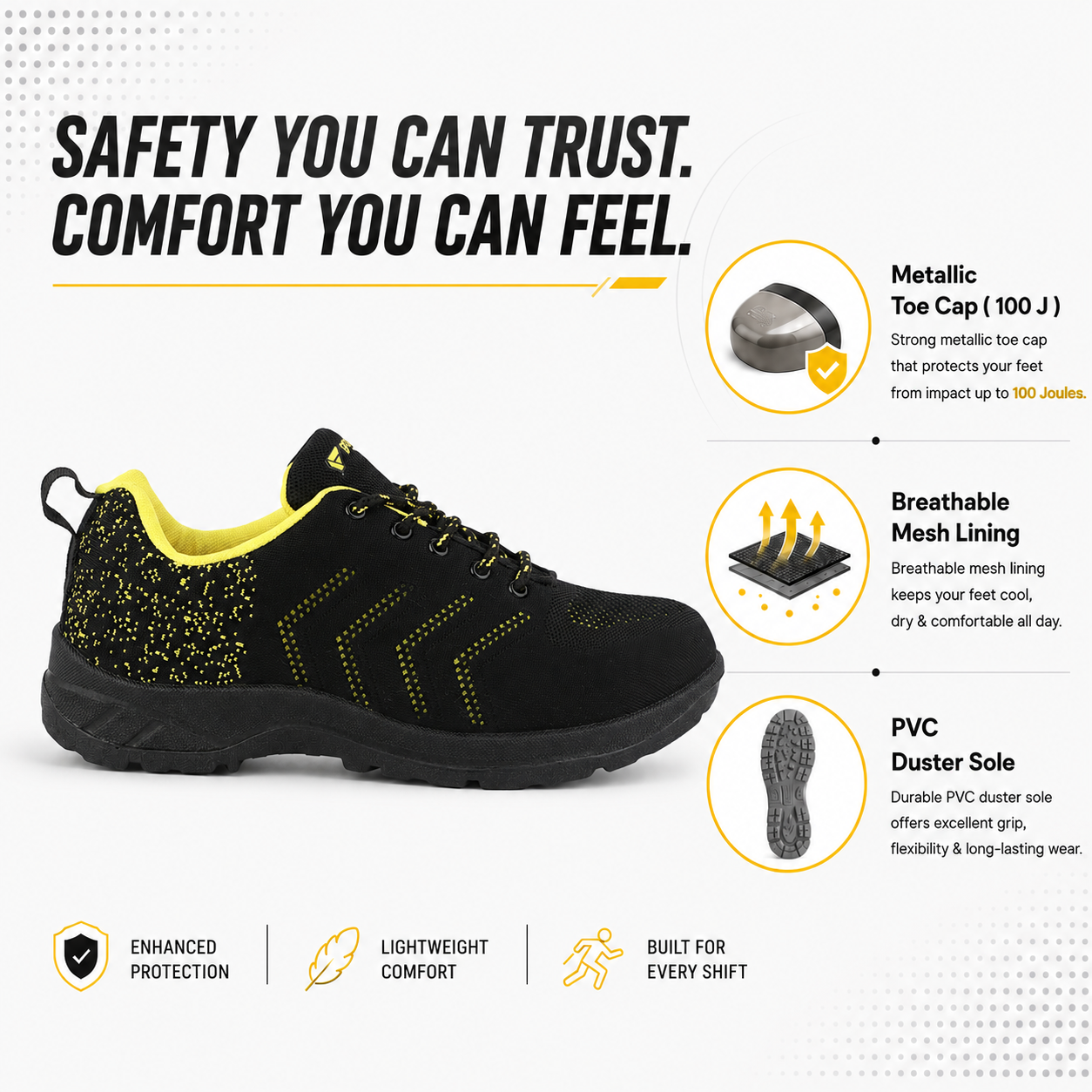 FUEL Arsenal Lightweight Safety Shoes for Men – Durable Industrial Sports Design with Strong Knitted Upper, PVC Sole, and 100J Metallic Toe Cap (UK 6–11)