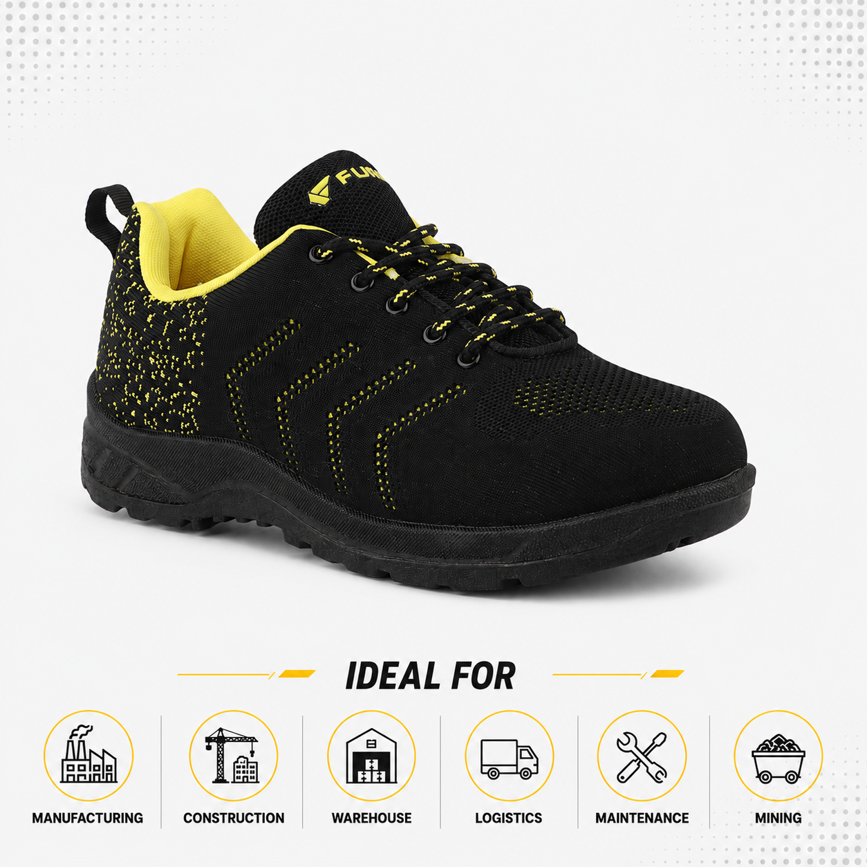 FUEL Arsenal Lightweight Safety Shoes for Men – Durable Industrial Sports Design with Strong Knitted Upper, PVC Sole, and 100J Metallic Toe Cap (UK 6–11)