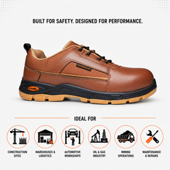 FUEL Armour 3 DD ISI Marked Synthetic Fabric Breathable Safety Shoes For Men's Steel Toe Cap With Double Density Rubberized PVC Sole (Brown)