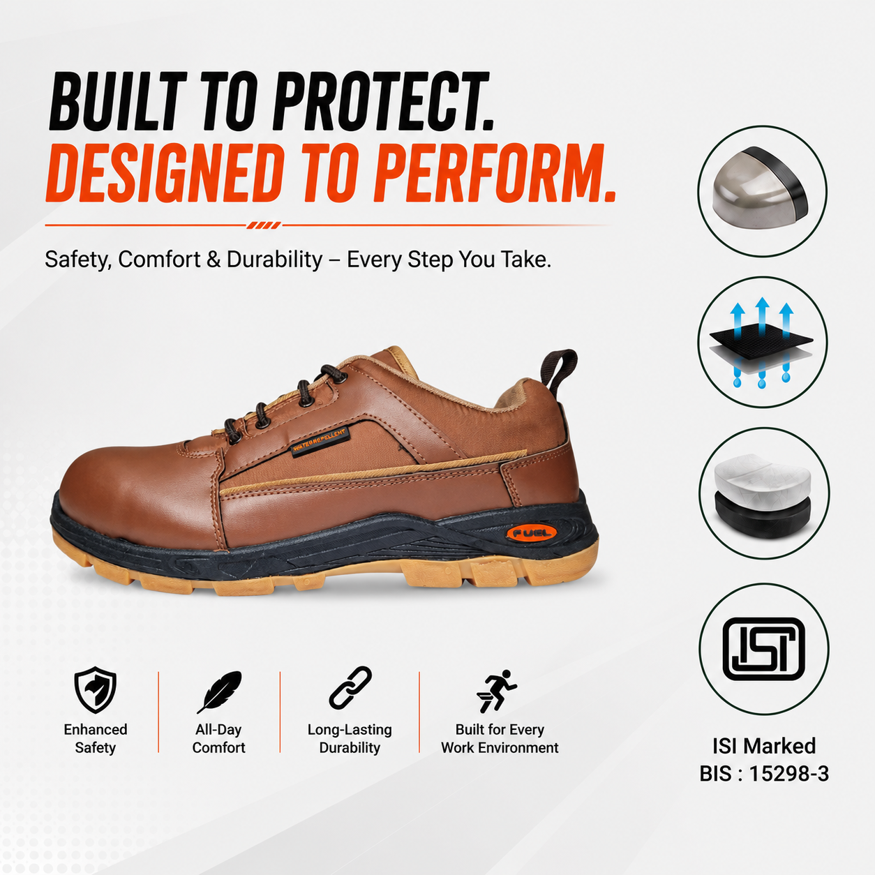 FUEL Armour 3 DD ISI Marked Synthetic Fabric Breathable Safety Shoes For Men's Steel Toe Cap With Double Density Rubberized PVC Sole (Brown)