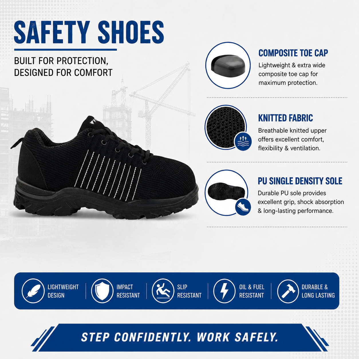 FUEL Aqua Knitted Upper in  PU Sole with 200J Composite Toe Lightweight Industrial Work Safety Shoes for Men (Black)
