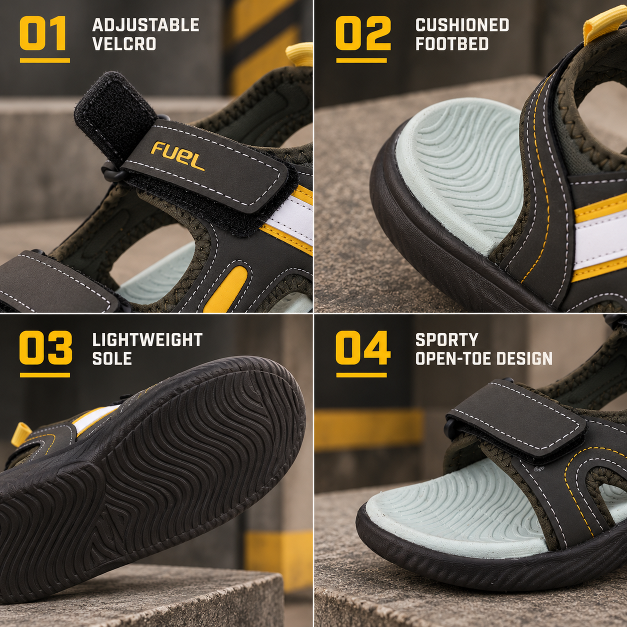 FUEL Power-lite-04 Lightweight EVA Sole and Cushioned Footbed with Adjustable Velcro Closure Sports Sandal for Unisex (Grey)