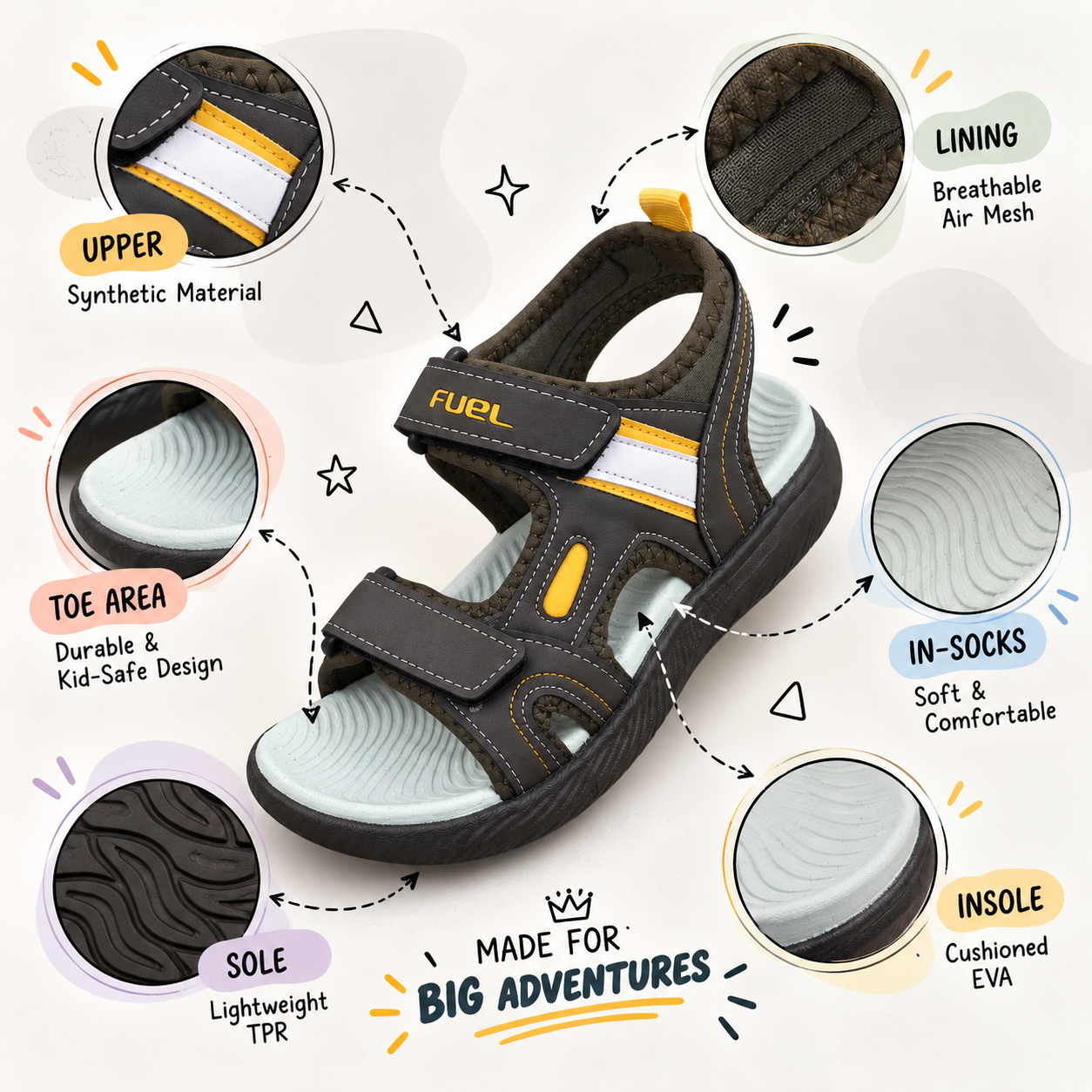 FUEL Power-lite-04 Lightweight EVA Sole and Cushioned Footbed with Adjustable Velcro Closure Sports Sandal for Unisex (Grey)