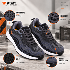FUEL Adam Men's Protective Safety Shoes | Steel Toe | Flexible EVA + Rubber Sole | Industrial, Factory & Warehouse Shoes (Black)