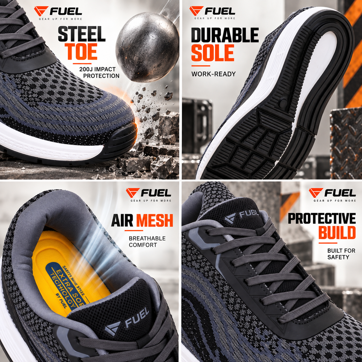 FUEL Adam Men's Protective Safety Shoes | Steel Toe | Flexible EVA + Rubber Sole | Industrial, Factory & Warehouse Shoes (Black)