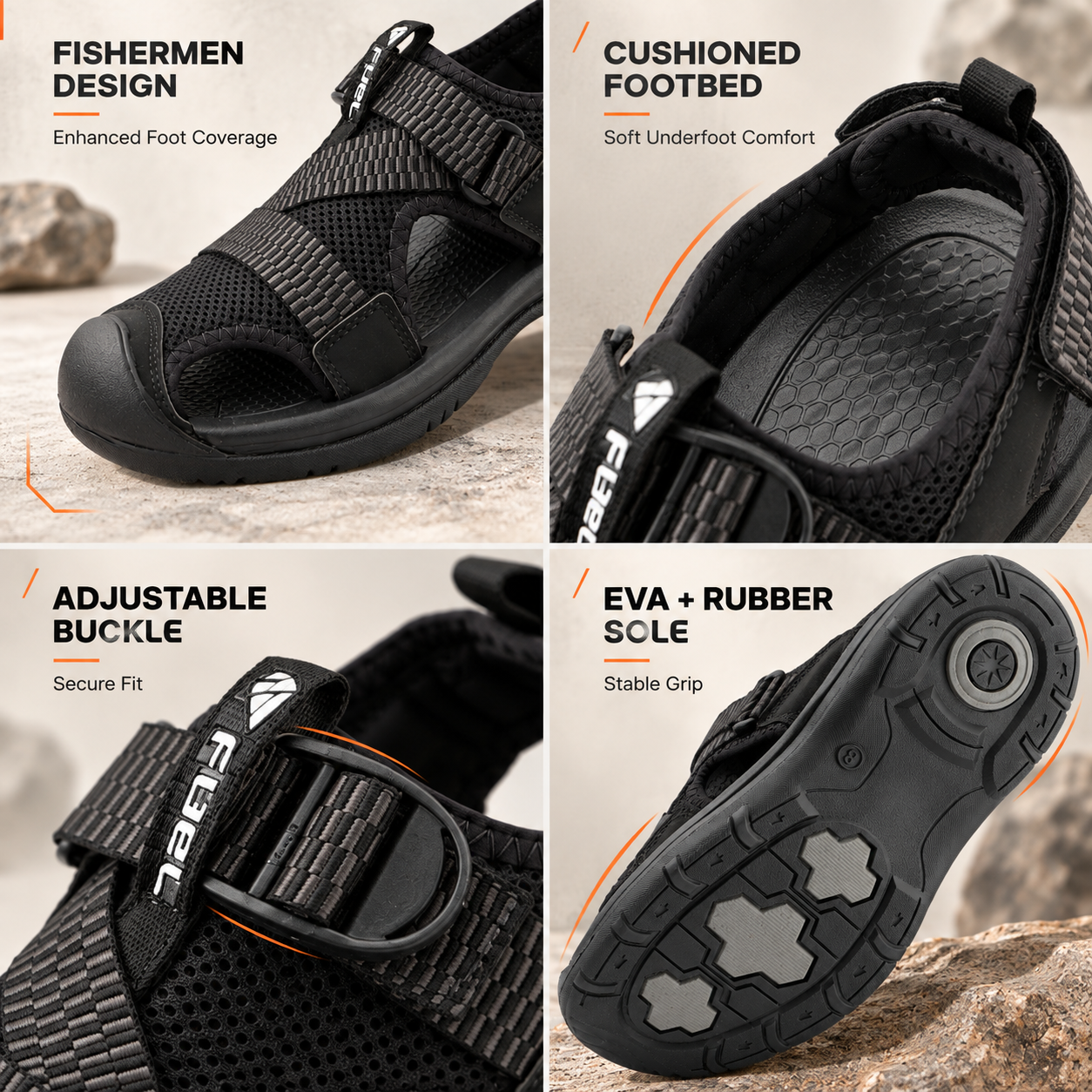 FUEL Commando-02 Fishermen Sandals for Men | Mesh + Lycra Upper | Cushioned Footbed | Velcro Closure (Black)