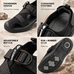 FUEL Commando-02 Fishermen Sandals for Men | Mesh + Lycra Upper | Cushioned Footbed | Velcro Closure (Black)