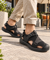 FUEL Commando-02 Fishermen Sandals for Men | Mesh + Lycra Upper | Cushioned Footbed | Velcro Closure (Black)