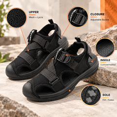 FUEL Commando-02 Fishermen Sandals for Men | Mesh + Lycra Upper | Cushioned Footbed | Velcro Closure (Black)