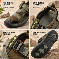 FUEL Commando-02 Fishermen Sandals for Men - Mesh + Lycra Upper, Cushioned Footbed, Velcro Closure (Olive)