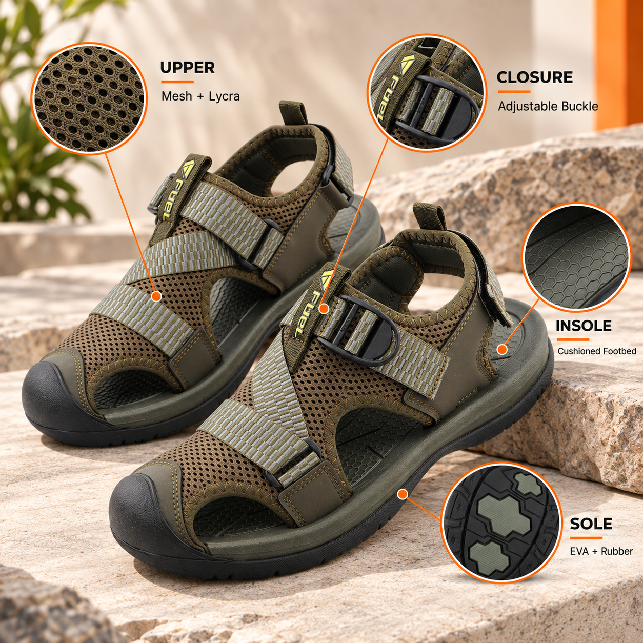 FUEL Commando-02 Fishermen Sandals for Men - Mesh + Lycra Upper, Cushioned Footbed, Velcro Closure (Olive)