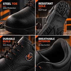 FUEL Arsenal LC Genuine Leather Safety Shoes for Men's Steel Toe Cap With Single Density PVC Sole (Black)