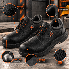 FUEL Arsenal LC Genuine Leather Safety Shoes for Men's Steel Toe Cap With Single Density PVC Sole (Black)