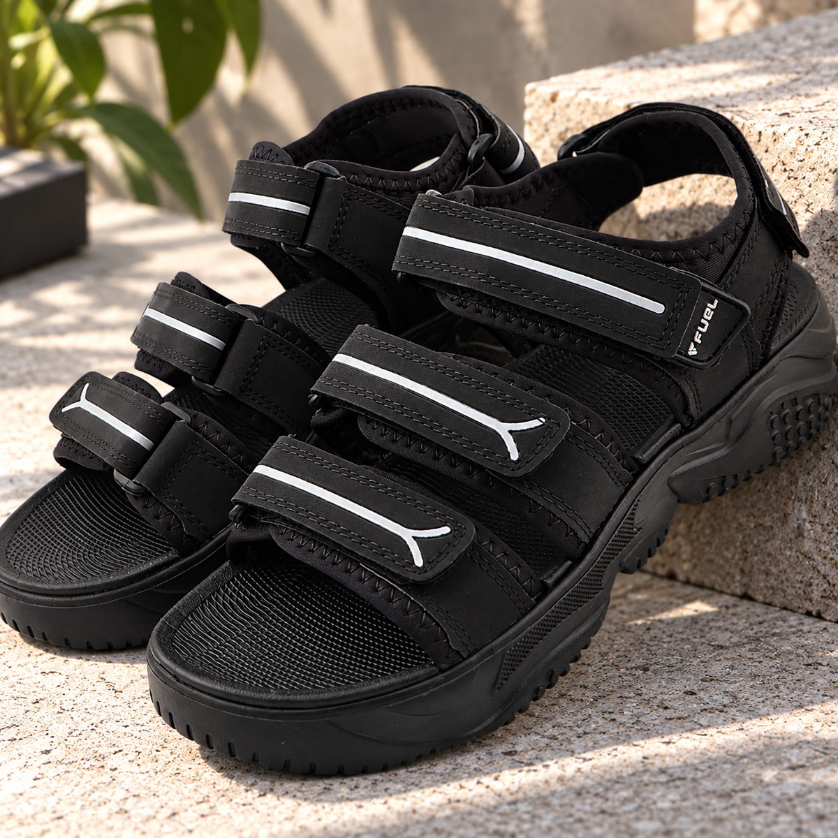 FUEL Keta Chunky Sandals for Men – Comfortable Lycra + Rexine Upper with Velcro Closure, Cushioned Footbed & Lightweight EVA Sole for Casual and Regular Wear (Black)