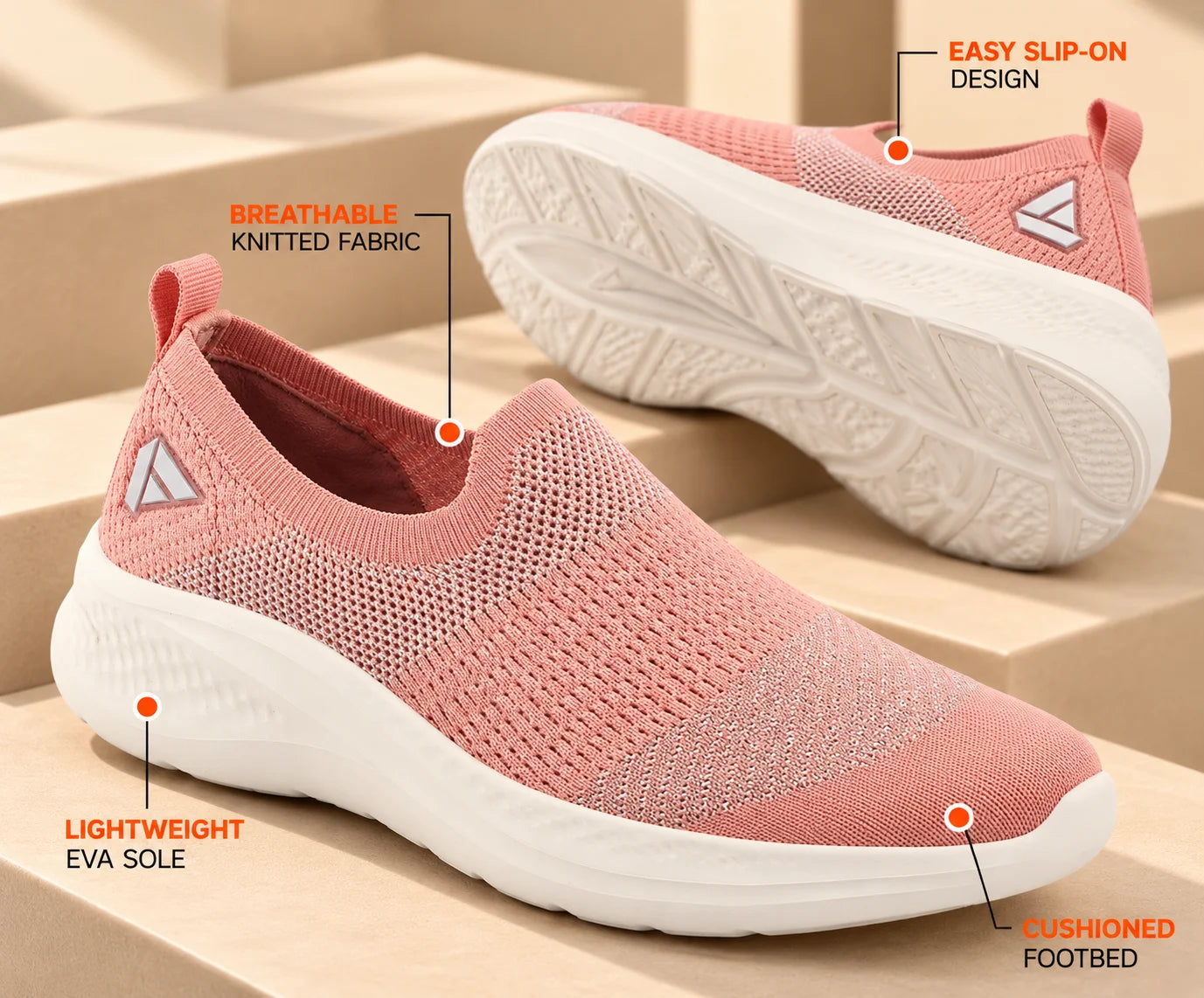 FUEL Sparkle Lightweight & Comfortable Casual Slip-On Daily Wear Sports Shoes for Women's (Peach)