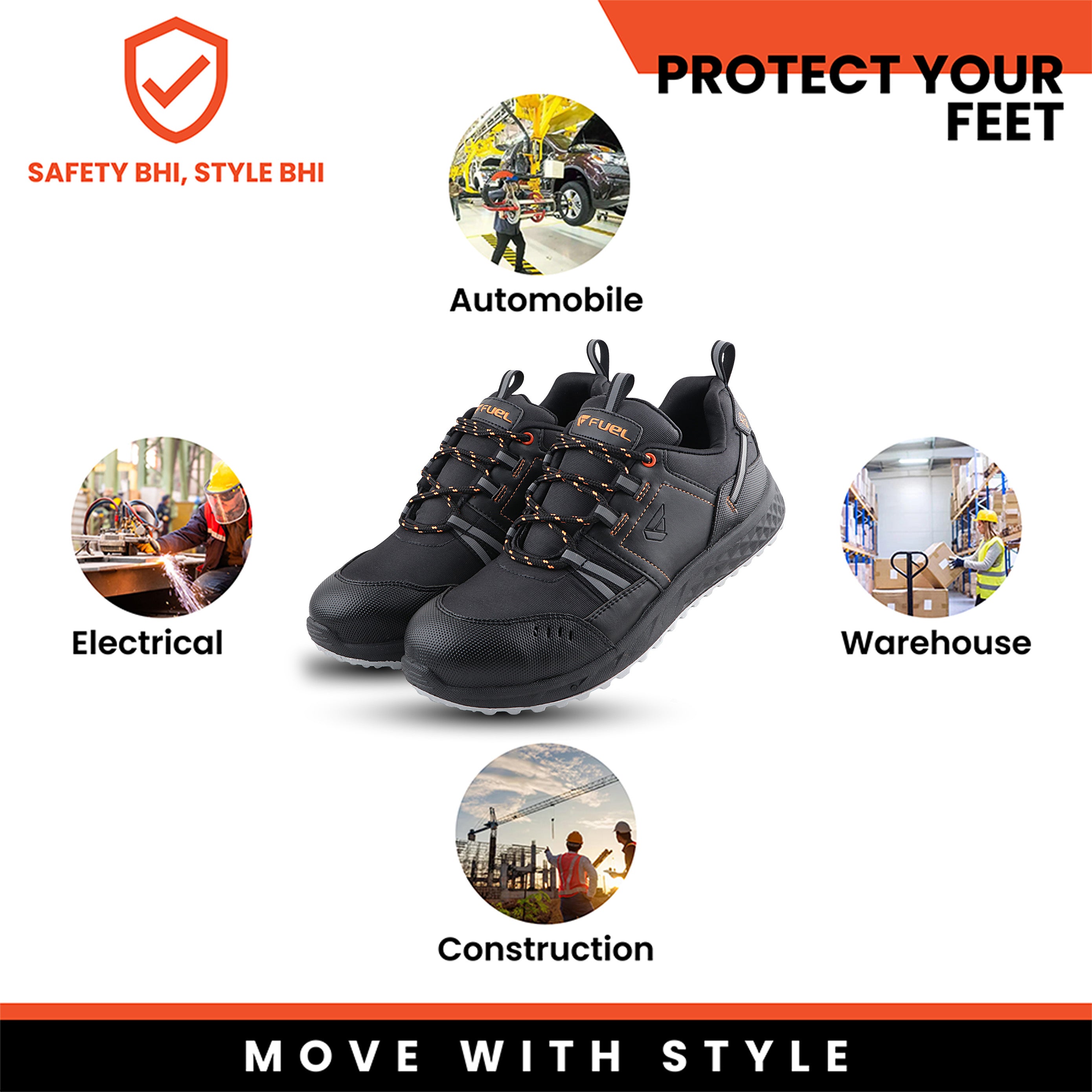 FUEL Safety Shoes for Men with Industrial Steel Toe, Light Weight Construction Shoes, Anti Penetration, Non-Slip Lace Up Comfortable Footwear, (Flute -Sizes -6UK -11UK)