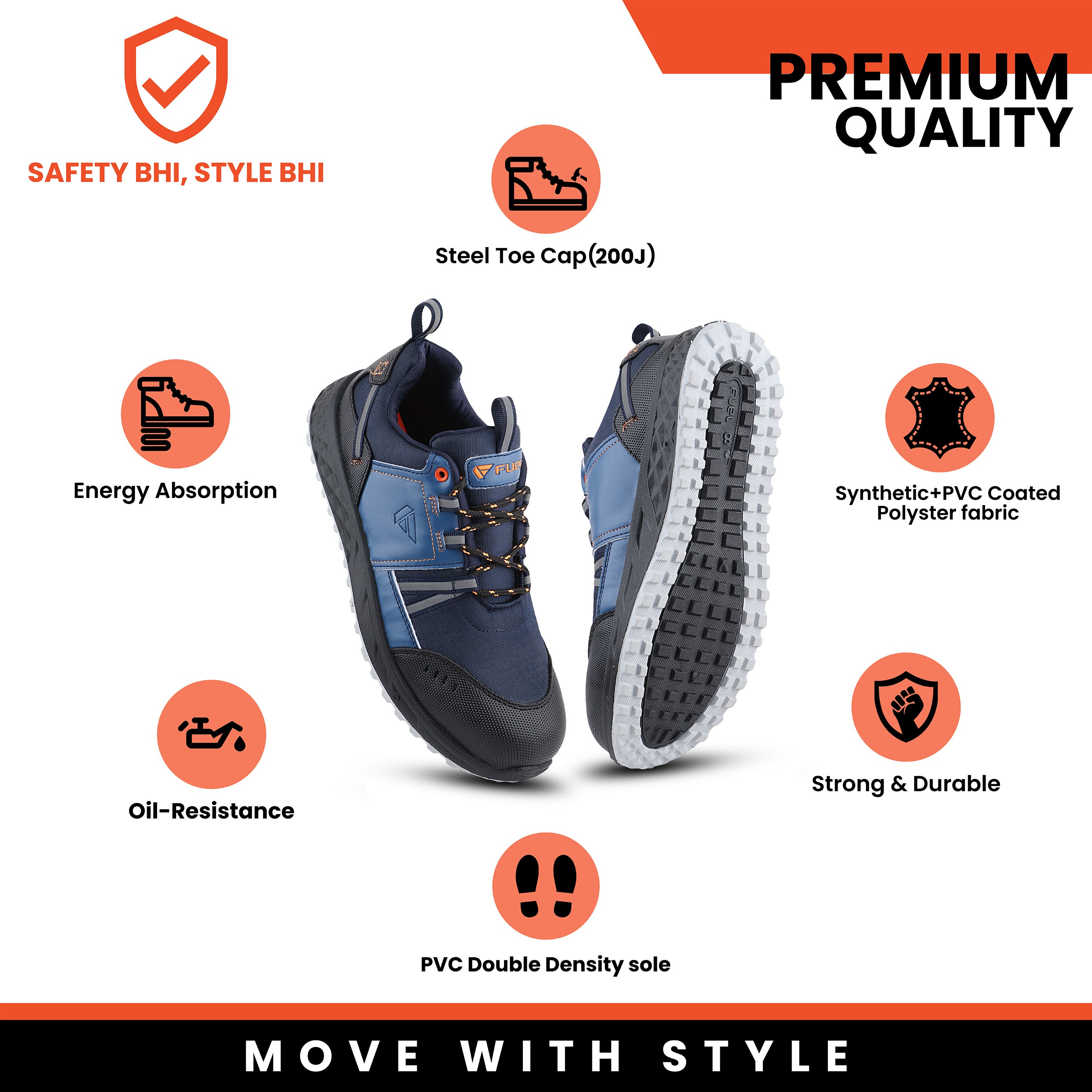 FUEL Safety Shoes for Men with Industrial Steel Toe, Light Weight Construction Shoes, Anti Penetration, Non-Slip Lace Up Comfortable Footwear, (Flute -Sizes -6UK -11UK)