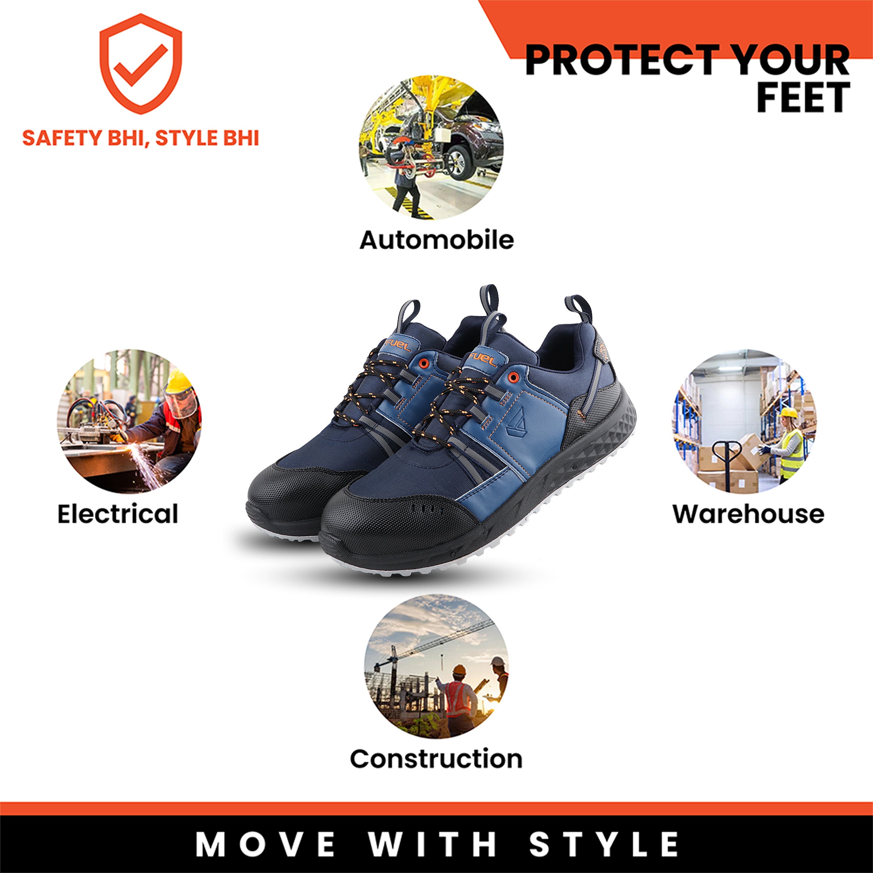 FUEL Safety Shoes for Men with Industrial Steel Toe, Light Weight Construction Shoes, Anti Penetration, Non-Slip Lace Up Comfortable Footwear, (Flute -Sizes -6UK -11UK)