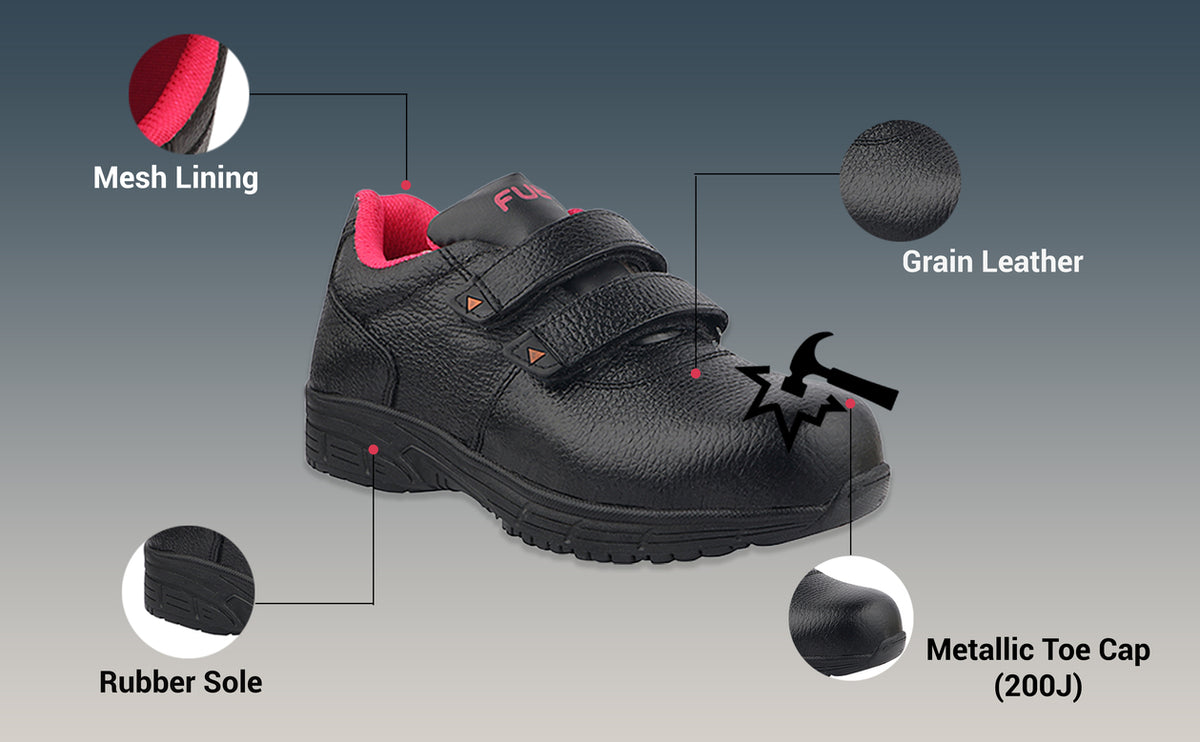 FUEL Gracy Grain Leather Upper with 200J Metal Toe Cap of Velcro Closure Anti-Slip Rubber Sole & EVA Insole Industrial Work Steel Toe Safety Shoes for Women's (Black)