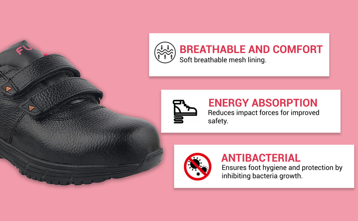 FUEL Gracy Grain Leather Upper with 200J Metal Toe Cap of Velcro Closure Anti-Slip Rubber Sole & EVA Insole Industrial Work Steel Toe Safety Shoes for Women's (Black)