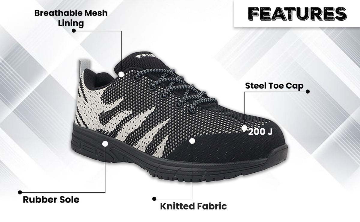 FUEL Gracy  Breathable Knitting Upper and Lightweight Industrial Work Anti-Slip Rubber Sole with Steel Toe (200J) Safety Shoes for Women's (Black)