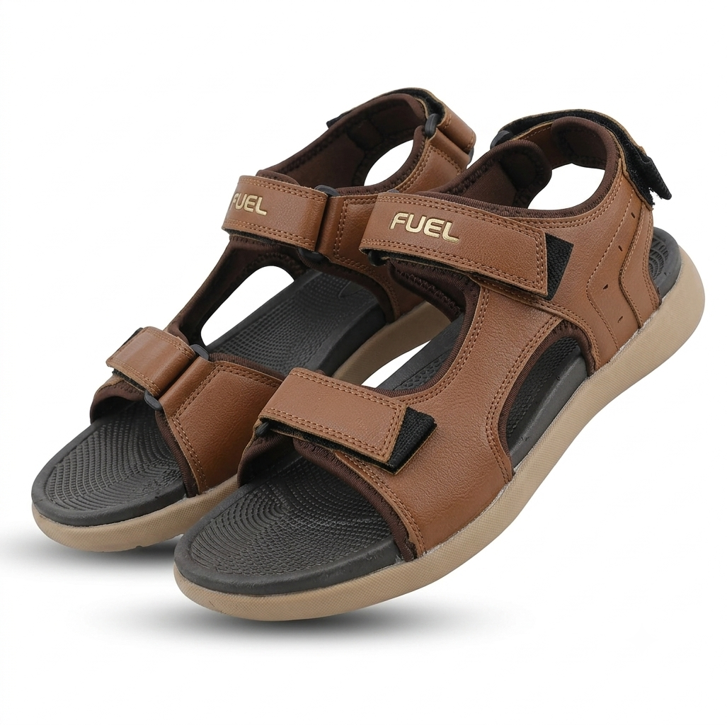 FUEL Power-05 Men’s Sandals – Tan Synthetic Upper, Cushioned Footbed, Lightweight EVA Sole, Adjustable Velcro Closure, Comfortable Everyday Wear