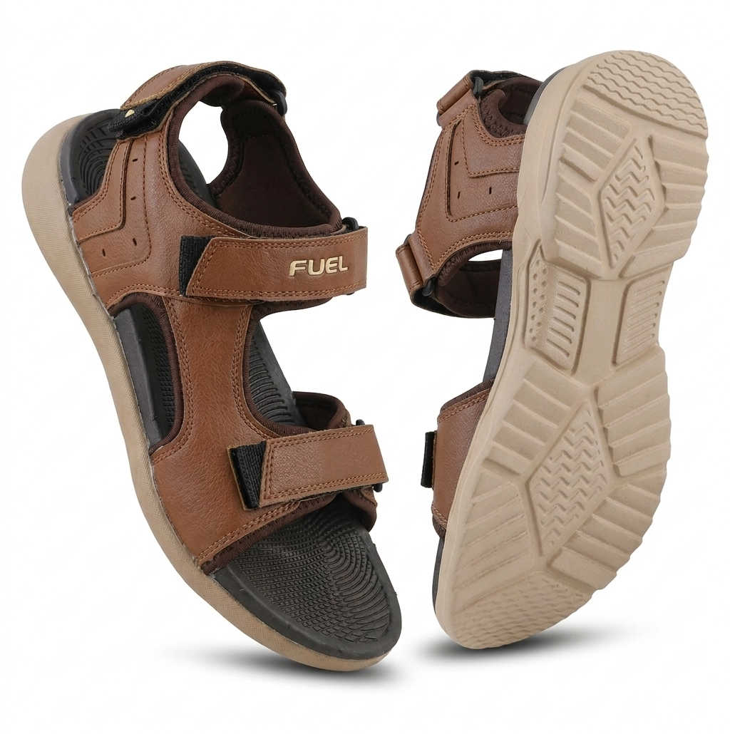FUEL Power-05 Men’s Sandals – Tan Synthetic Upper, Cushioned Footbed, Lightweight EVA Sole, Adjustable Velcro Closure, Comfortable Everyday Wear
