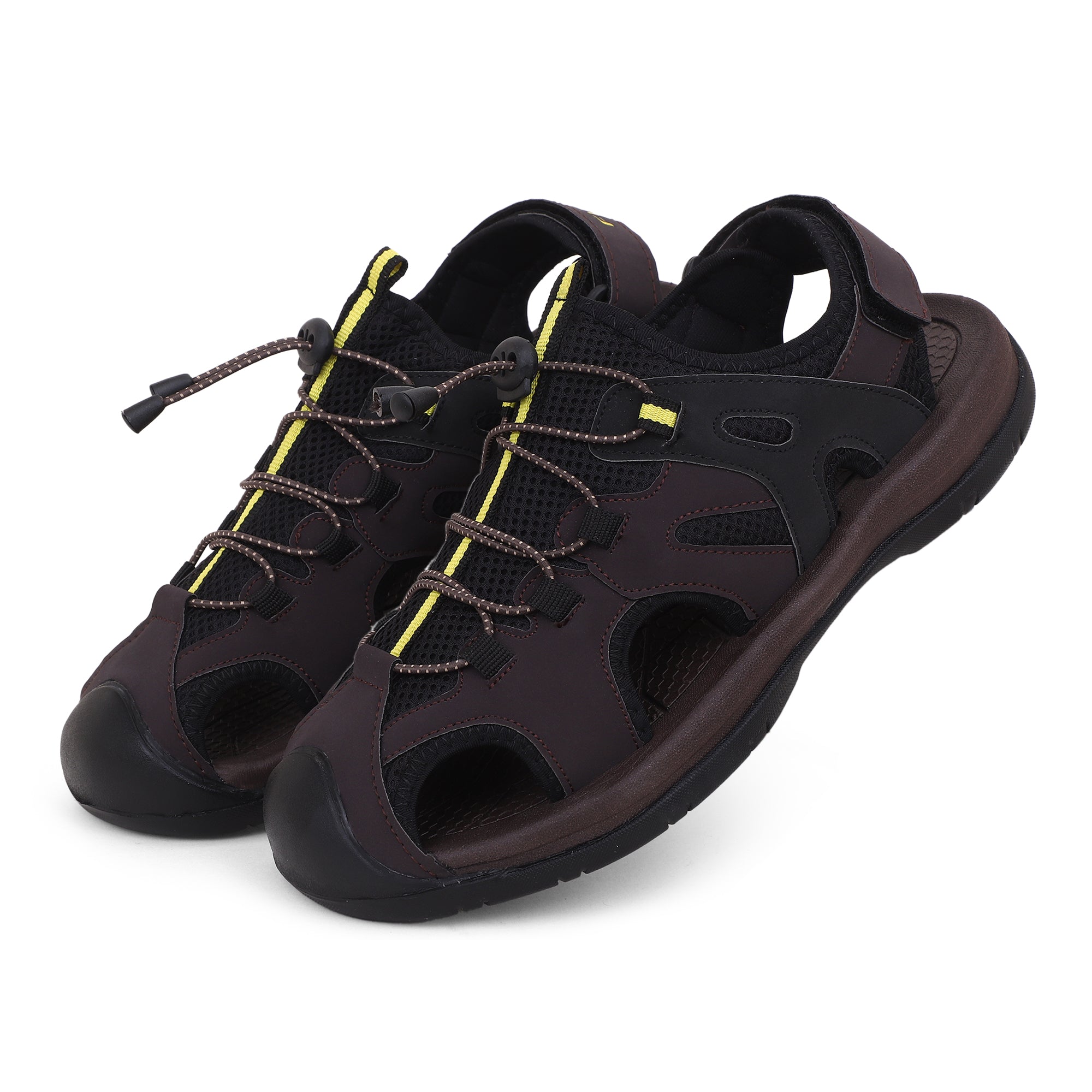 FUEL Commando-03 Fishermen Sandals | Mesh + Rexine Upper | EVA + Rubber Sole | Cushioned Footbed | Adjustable Velcro Closure (Brown)