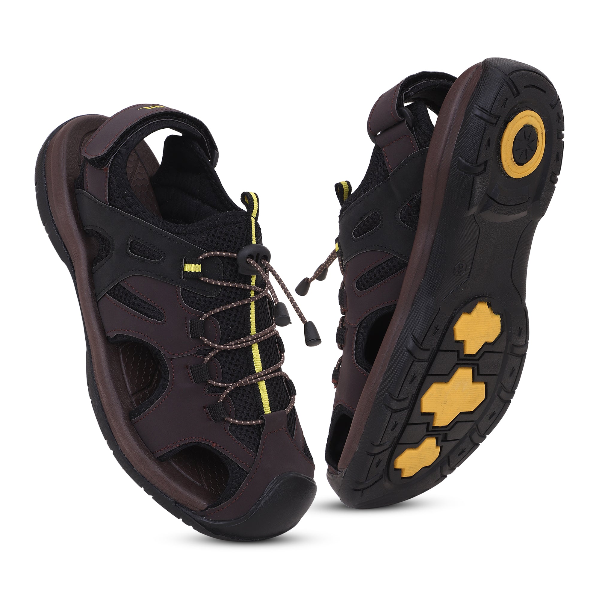 FUEL Commando-03 Fishermen Sandals | Mesh + Rexine Upper | EVA + Rubber Sole | Cushioned Footbed | Adjustable Velcro Closure (Brown)