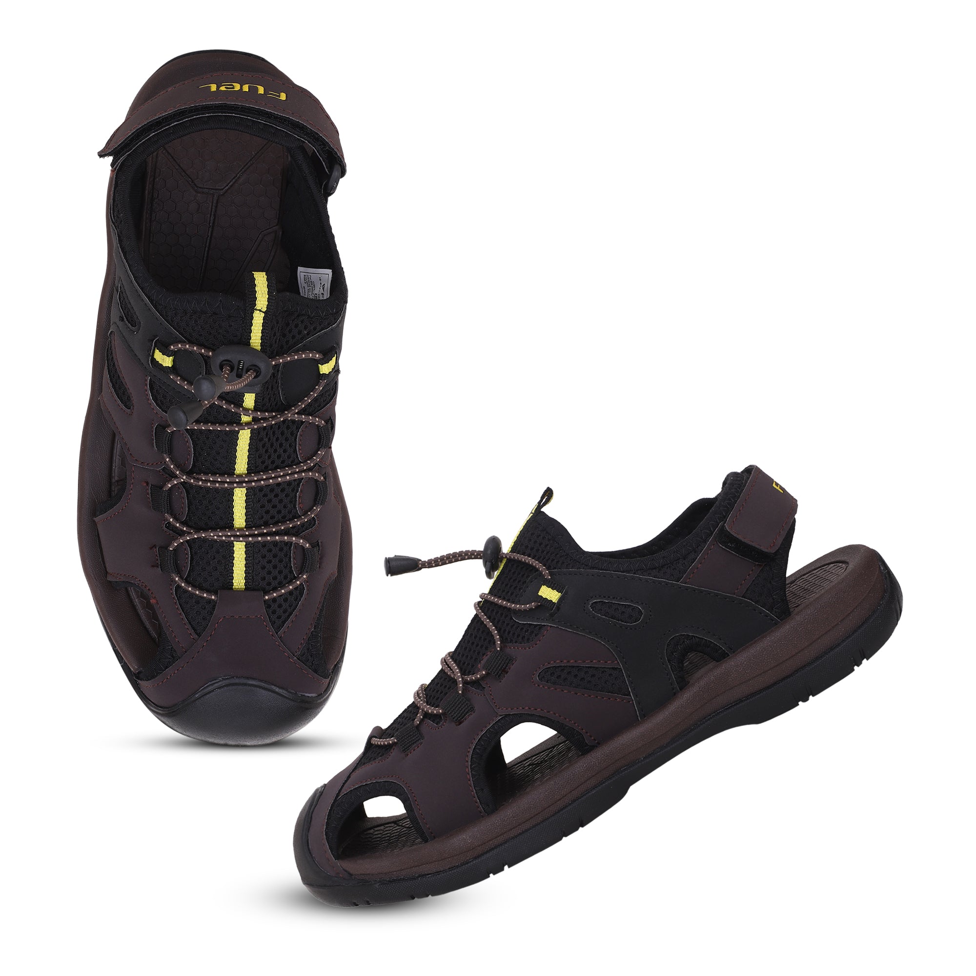 FUEL Commando-03 Fishermen Sandals | Mesh + Rexine Upper | EVA + Rubber Sole | Cushioned Footbed | Adjustable Velcro Closure (Brown)