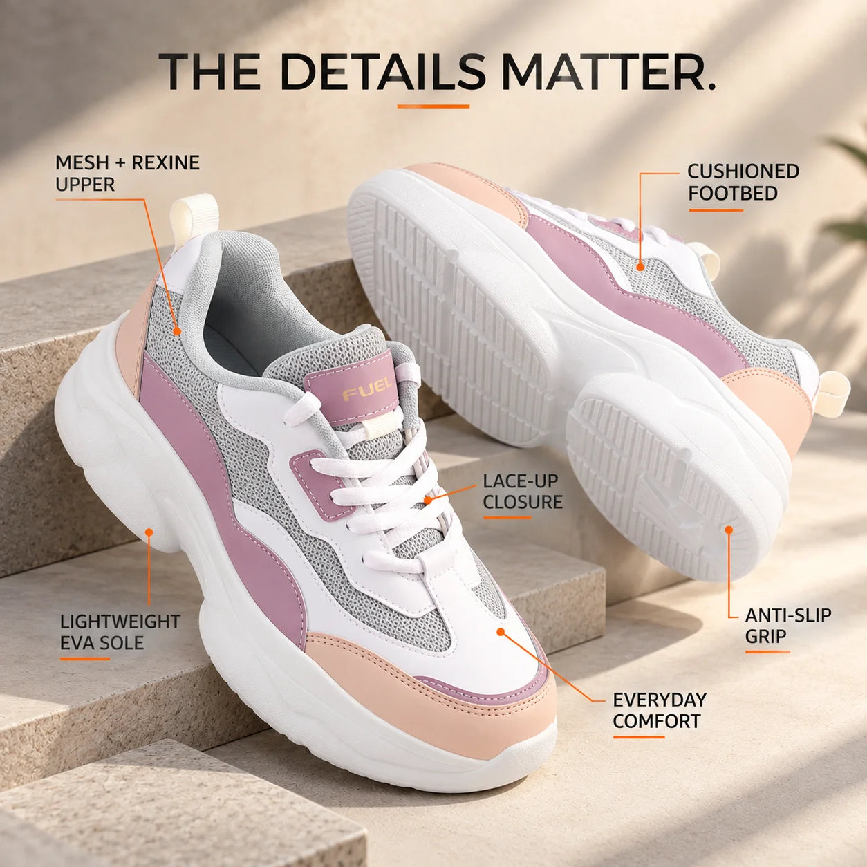 FUEL Lina Lightweight & Comfortable with Lace-Up Running & Daily Wear Sports Shoes for Women's (Peach)