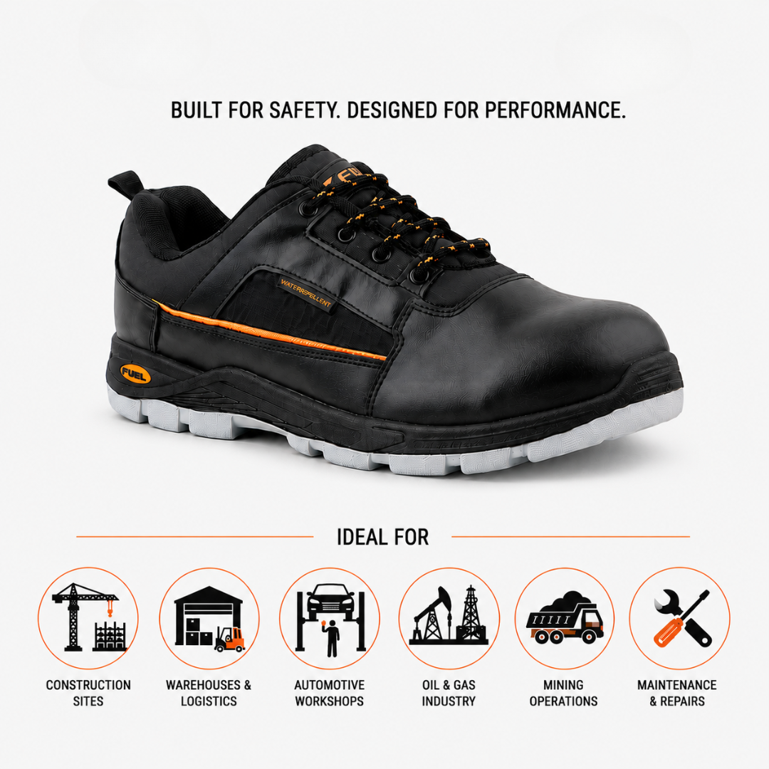 FUEL Armour 3 DD ISI Marked Synthetic Fabric Breathable Safety Shoes For Men's Steel Toe Cap With Double Density Rubberized PVC Sole (Black)