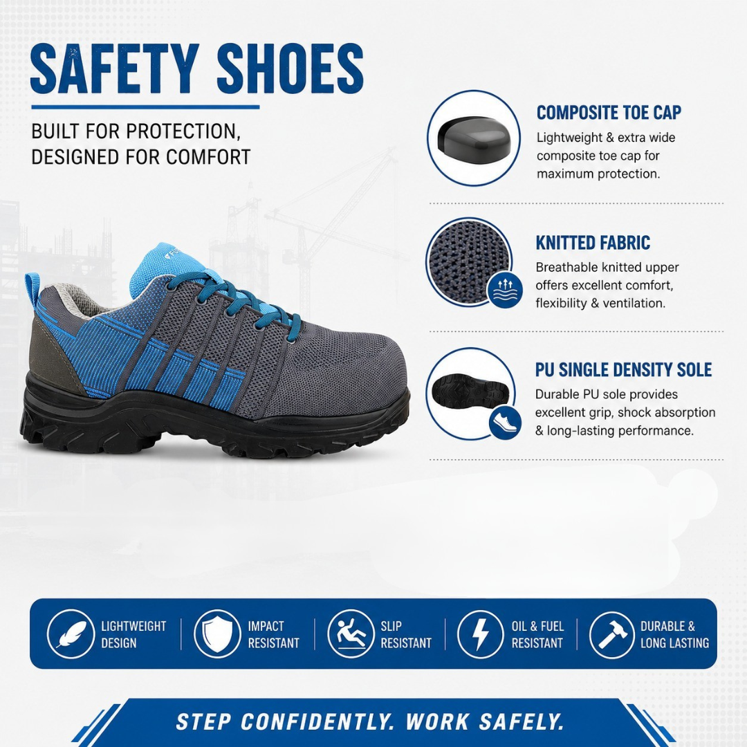 FUEL Aqua Knitted Upper in  PU Sole with 200J Composite Toe Lightweight Industrial Work Safety Shoes for Men (Blue)