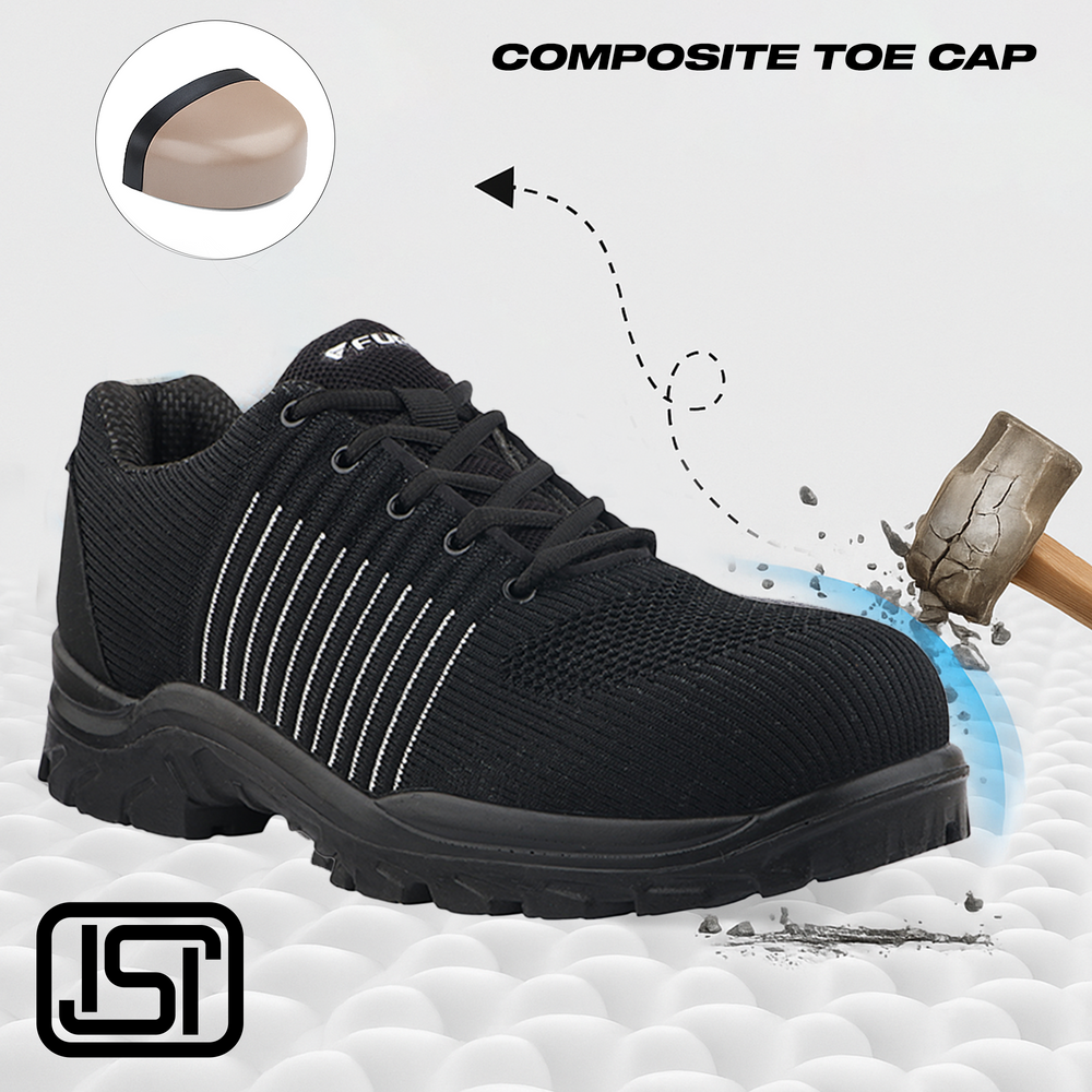 FUEL Aqua Knitted Upper in PU Sole with 200J Composite Toe Lightweight Industrial Work Safety Shoes for Men (Black)