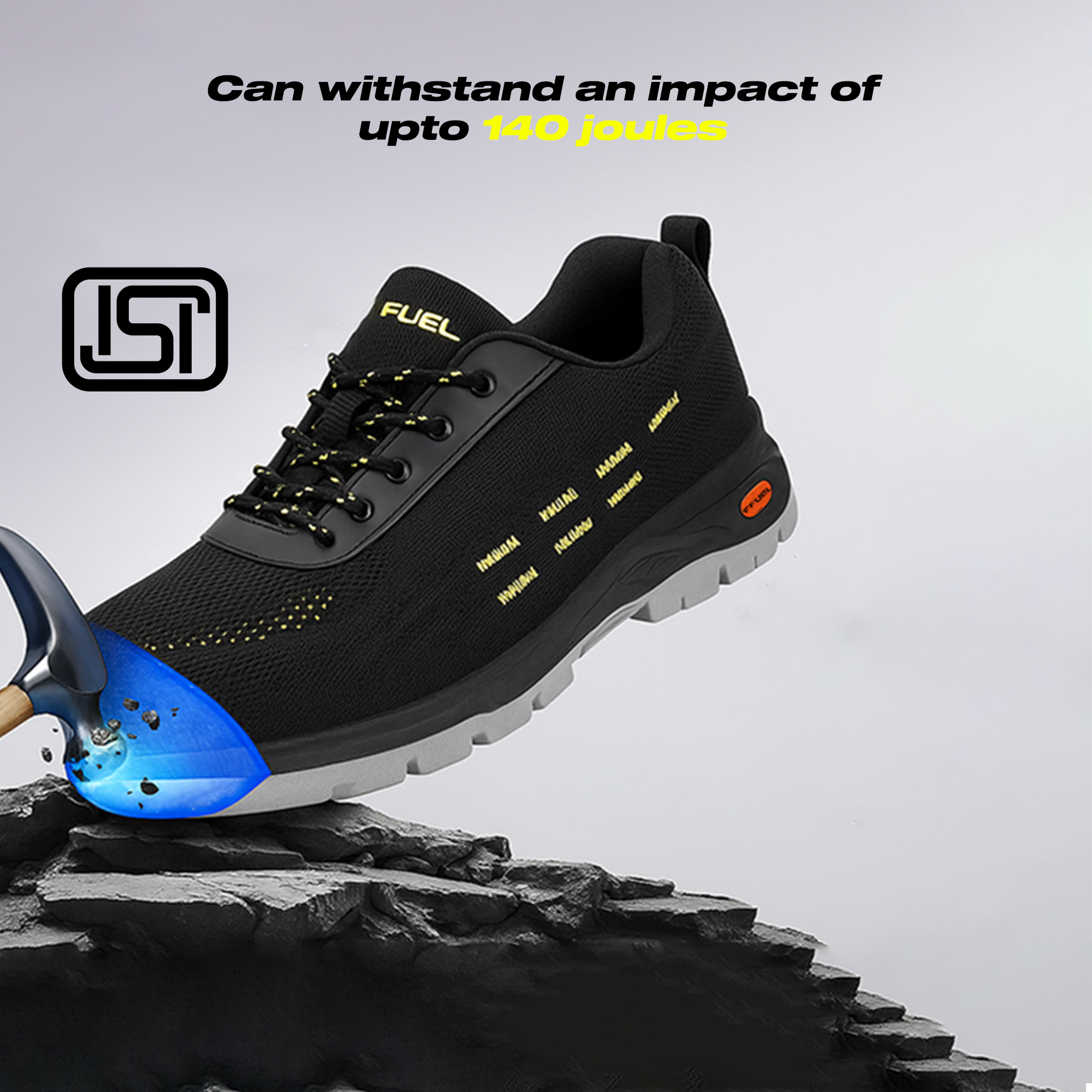 Fuel Armour 1 DD ISI Marked Strong Knitting Upper Breathable Safety Shoes for Men's Steel Toe Cap With Double Density Rubberized PVC Sole (Black)