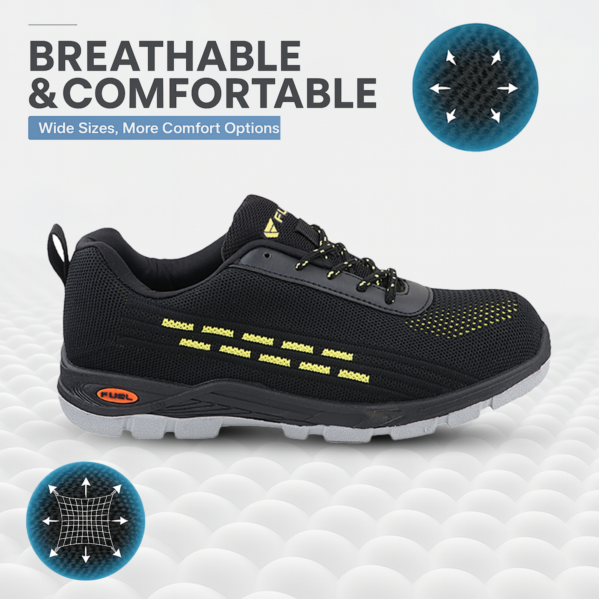 Fuel Armour 1 DD ISI Marked Strong Knitting Upper Breathable Safety Shoes for Men's Steel Toe Cap With Double Density Rubberized PVC Sole (Black)