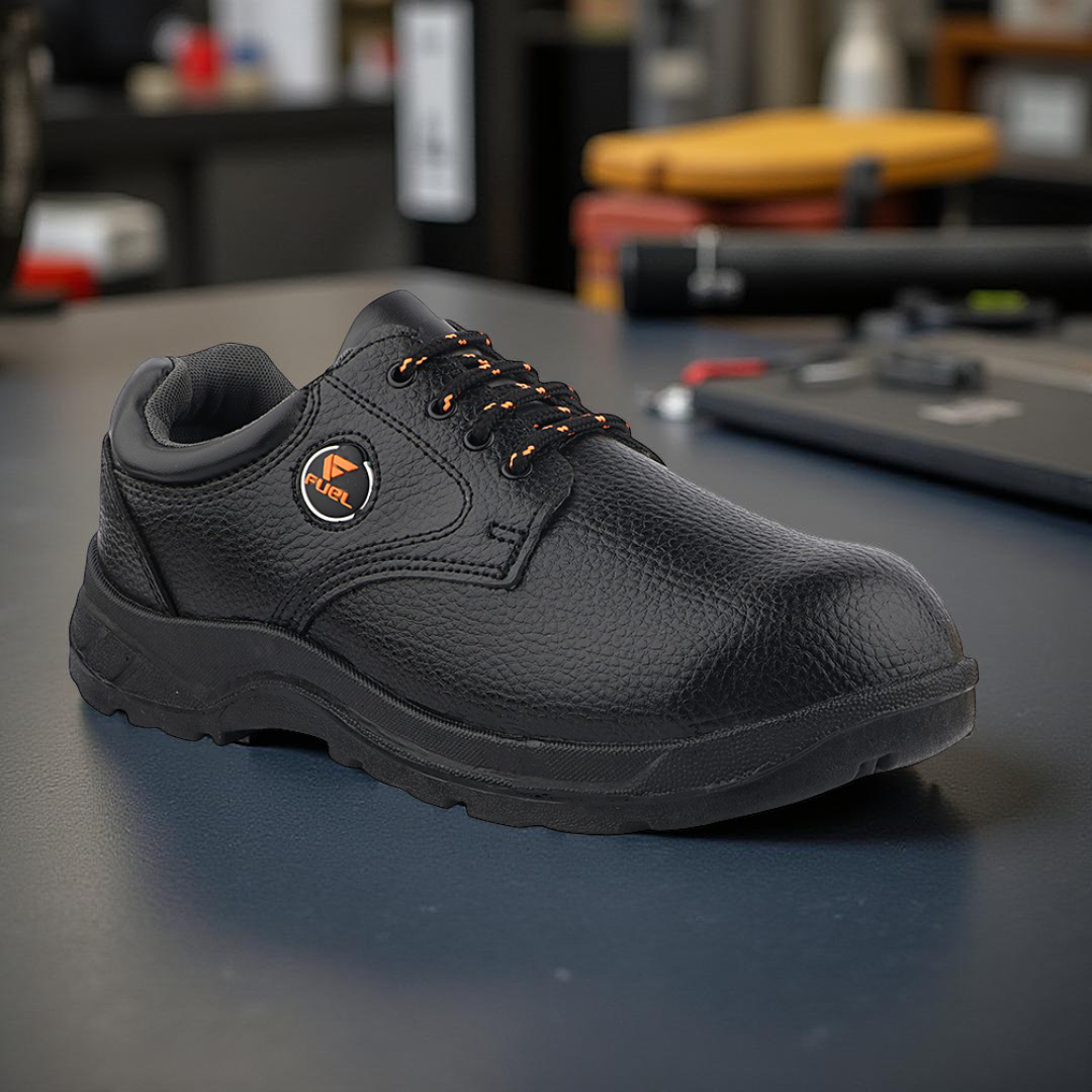 Fuel Arsenal LC Genuine Leather Safety Shoes for Men's Steel Toe Cap With Single Density PVC Sole (Black)