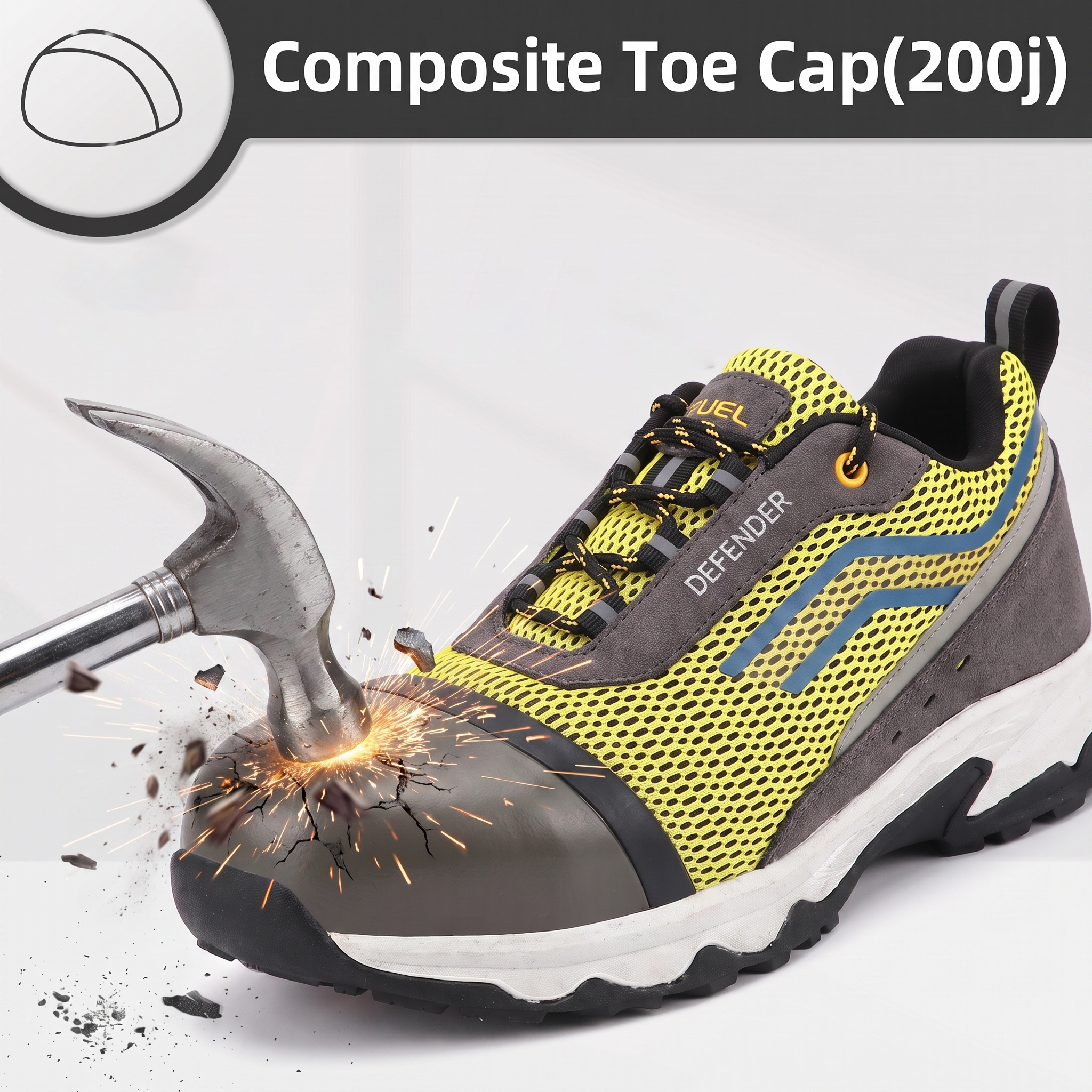 FUEL Defender EVA+Rubber Anti-Slip Sole and Breathable Mesh Upper with Lightweight Composite Toe Lace-Up Industrial Work Safety Shoes for Men's (Black)