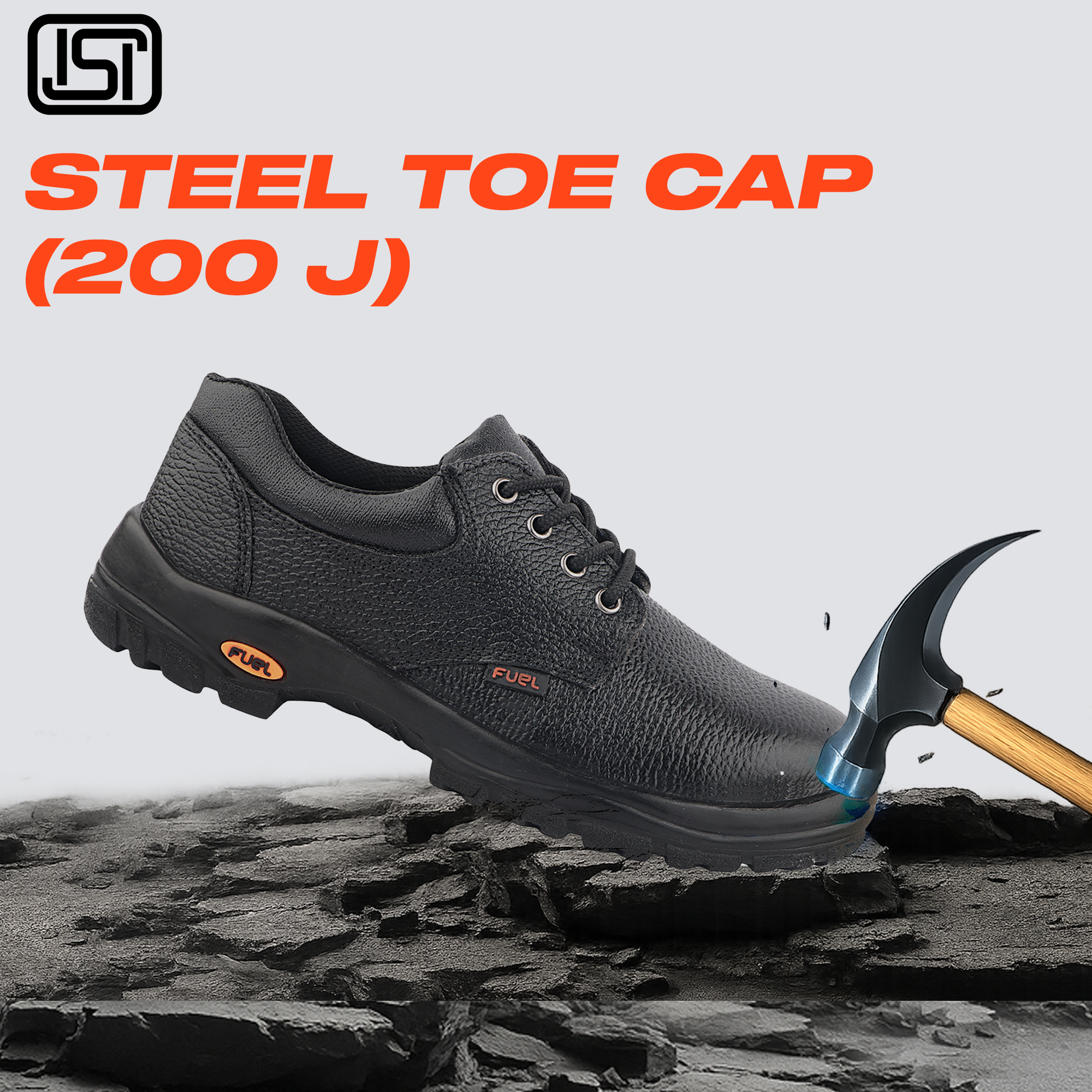 Fuel Falcon-01 Genuine Leather Safety Shoes for Men's Steel Toe Cap With Single Density PU Sole (Black)