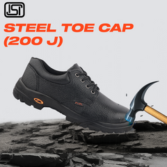 Fuel Falcon-01 Genuine Leather Safety Shoes for Men's Steel Toe Cap With Single Density PU Sole (Black)