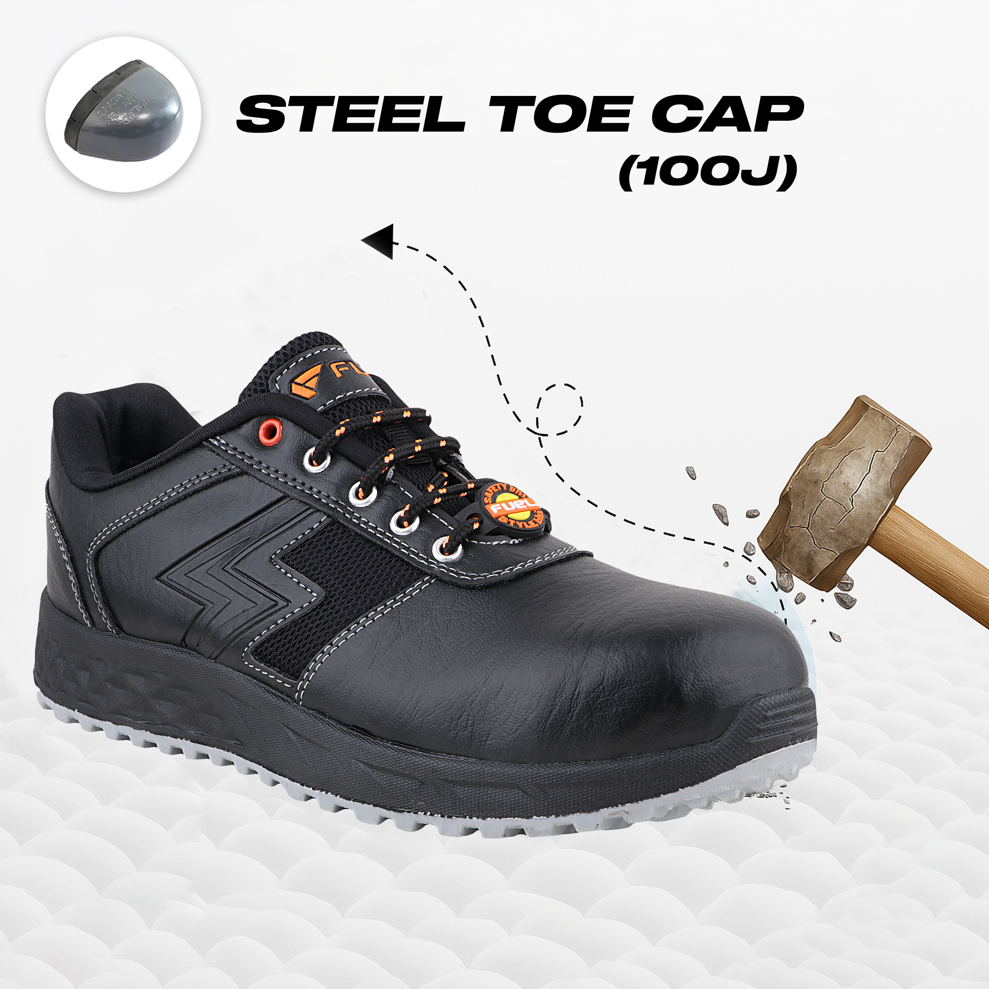 FUEL Gravix Industrial Steel Toe Safety Shoes for Men in Synthetic Upper & PVC double density Sole (Black)