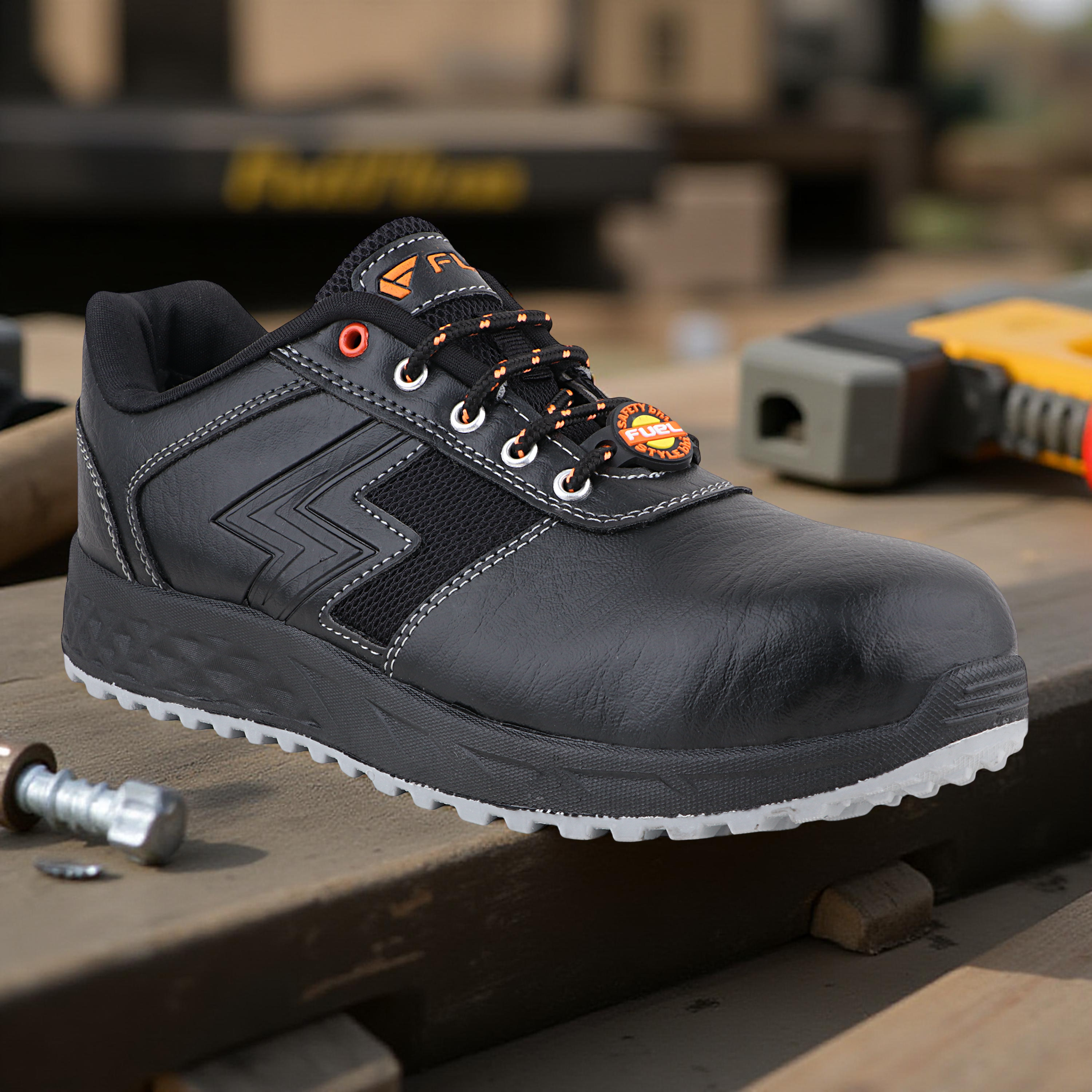 FUEL Gravix Industrial Steel Toe Safety Shoes for Men in Synthetic Upper & PVC double density Sole (Black)