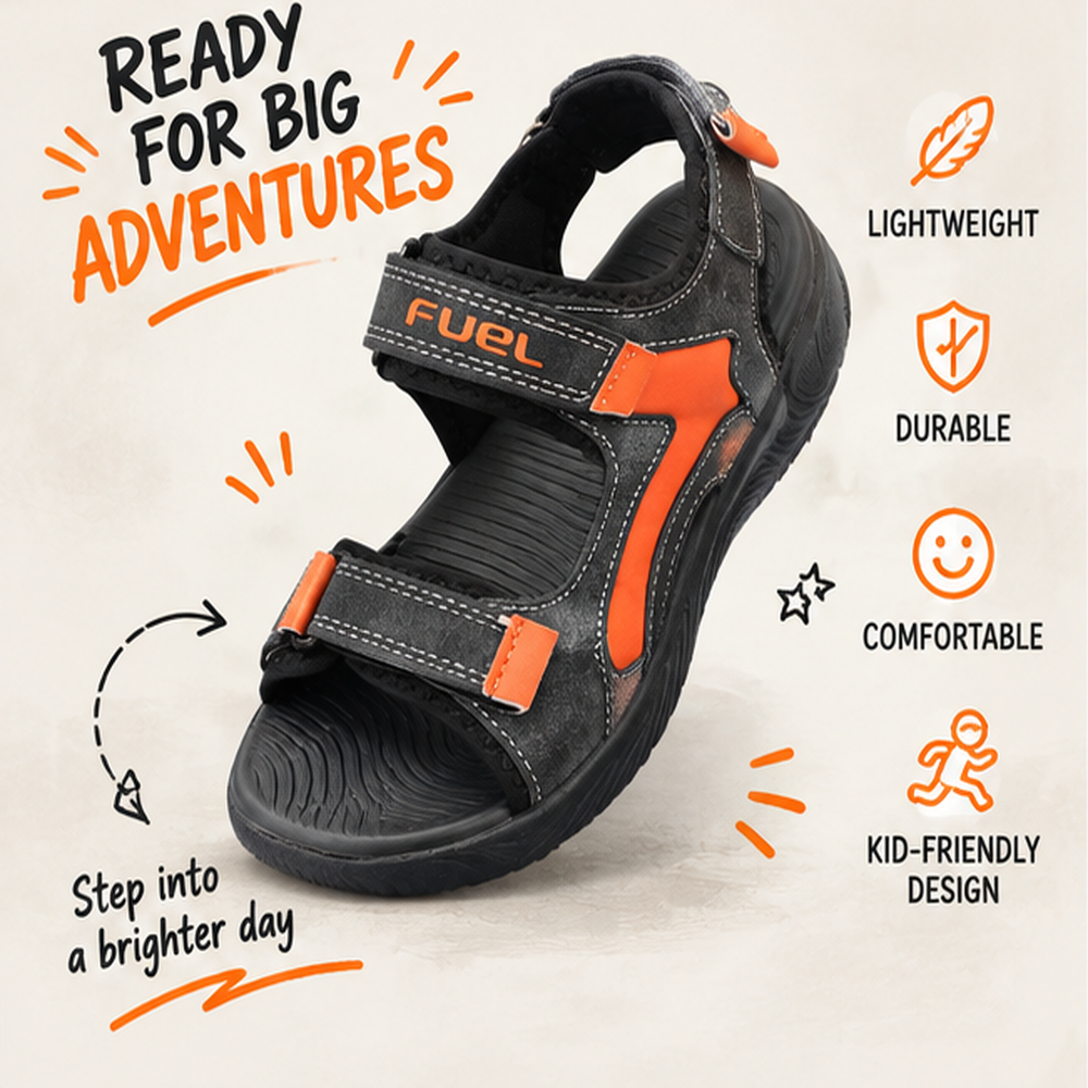 FUEL Power-lite-03 Outdoor Sports Sandals for Unisex– Lycra Rexine Upper, Cushioned EVA Sole (Black)