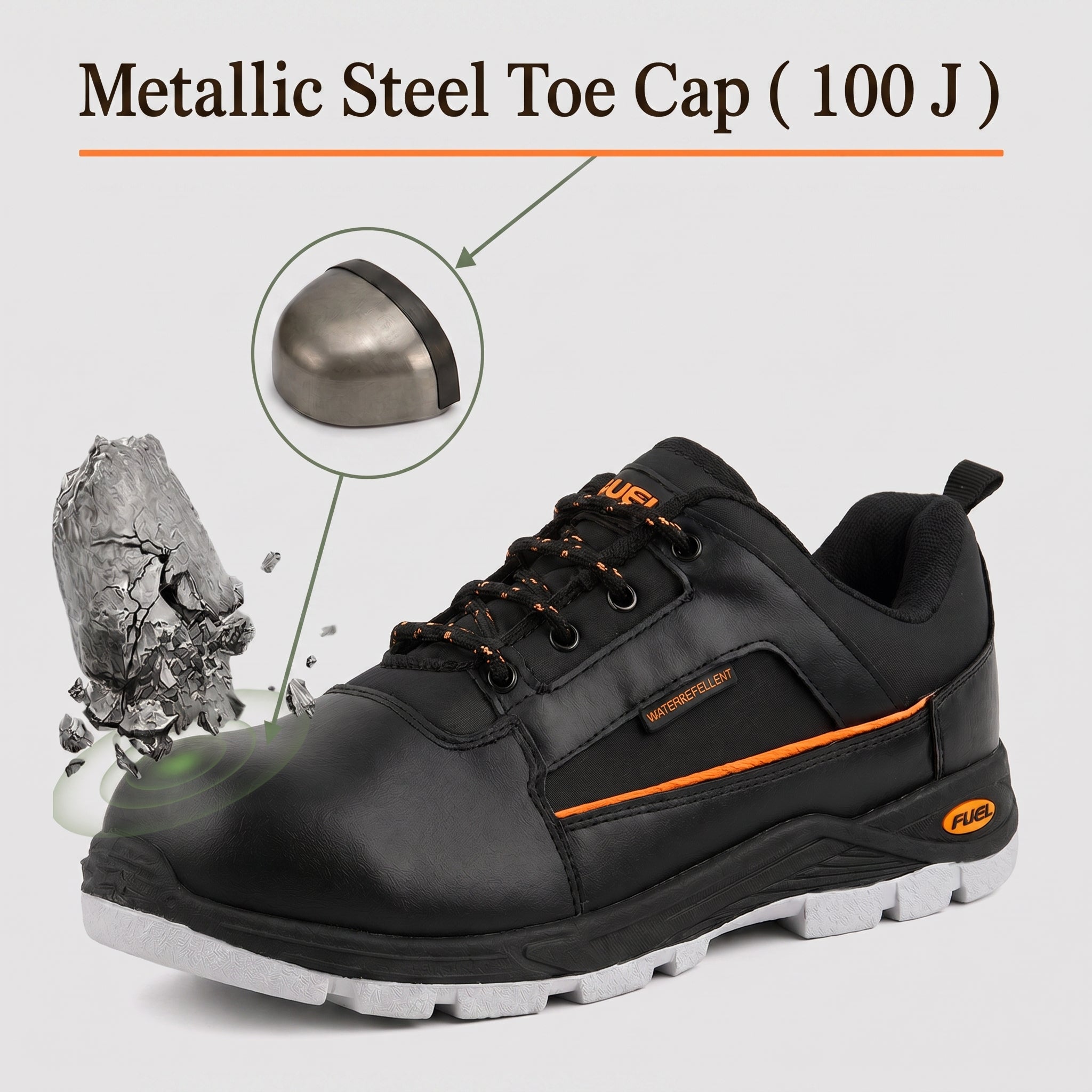 FUEL Armour 3 DD ISI Marked Synthetic Fabric Breathable Safety Shoes For Men's Steel Toe Cap With Double Density Rubberized PVC Sole (Black)
