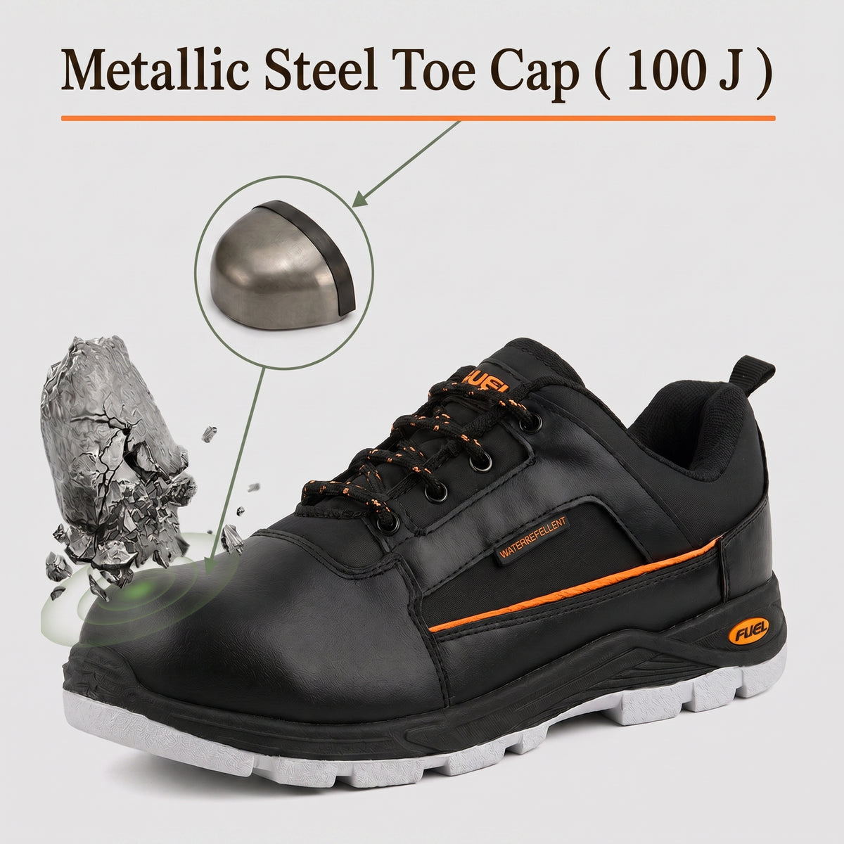 FUEL Armour 3 DD ISI Marked Synthetic Fabric Breathable Safety Shoes For Men's Steel Toe Cap With Double Density Rubberized PVC Sole (Black)
