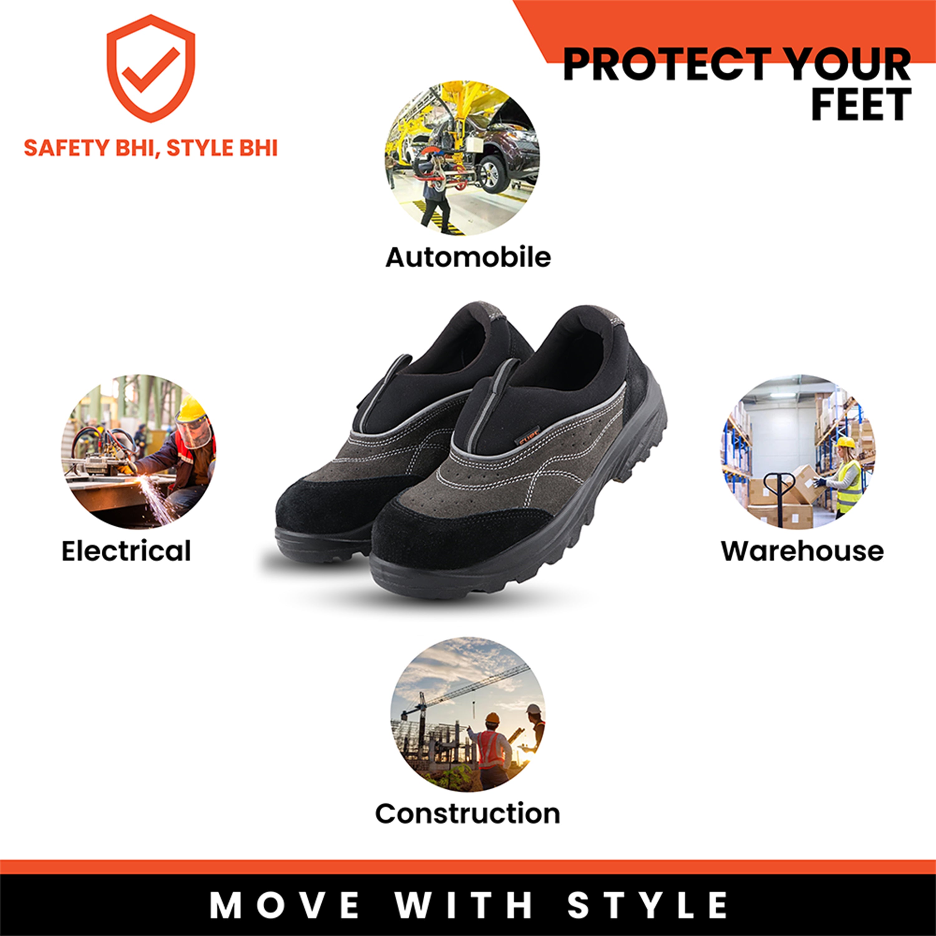 FUEL Slip-on Safety Shoes for Men Industrial PU Single Density Sole, 200J Steel Toe, Energy Absorption