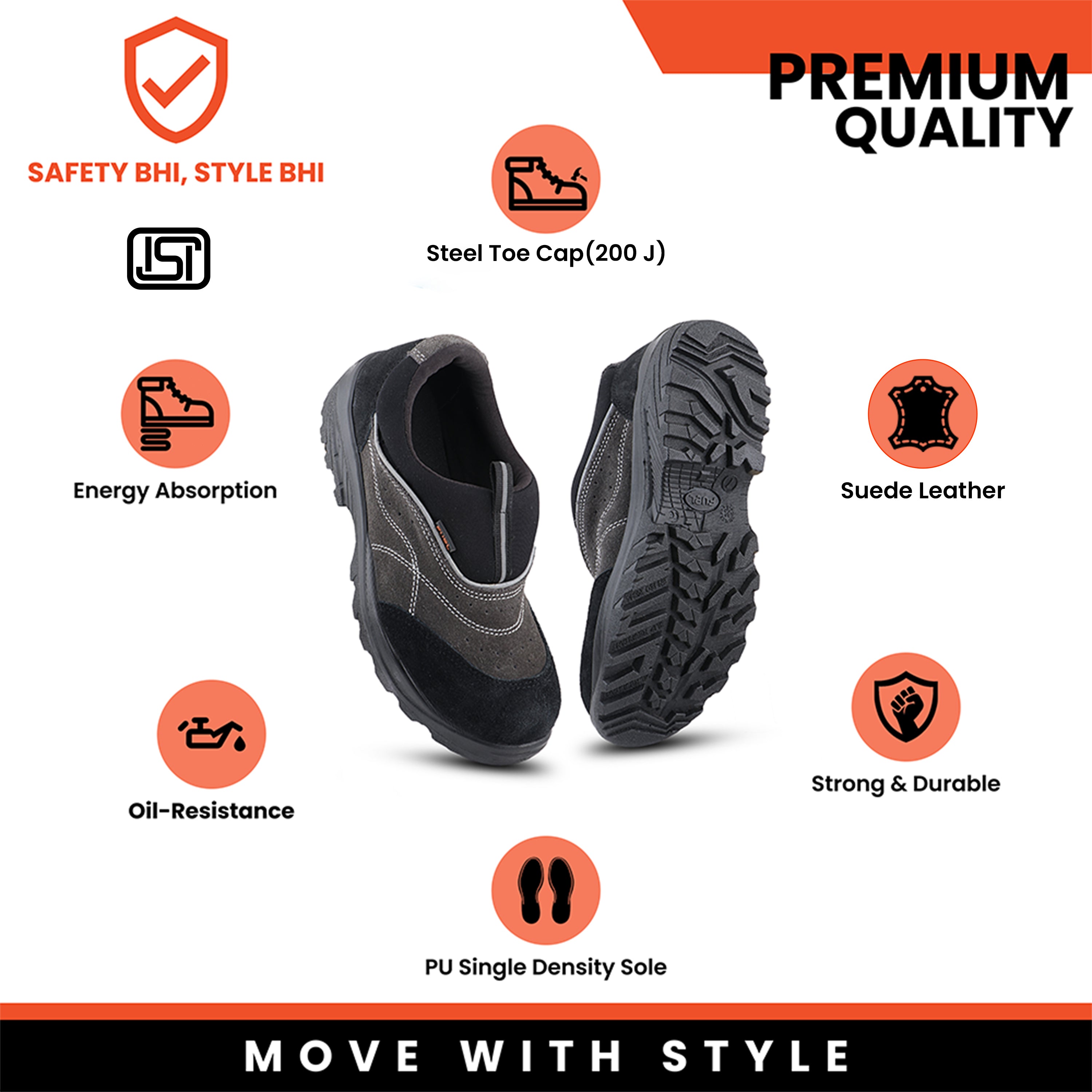 FUEL Slip-on Safety Shoes for Men Industrial PU Single Density Sole, 200J Steel Toe, Energy Absorption