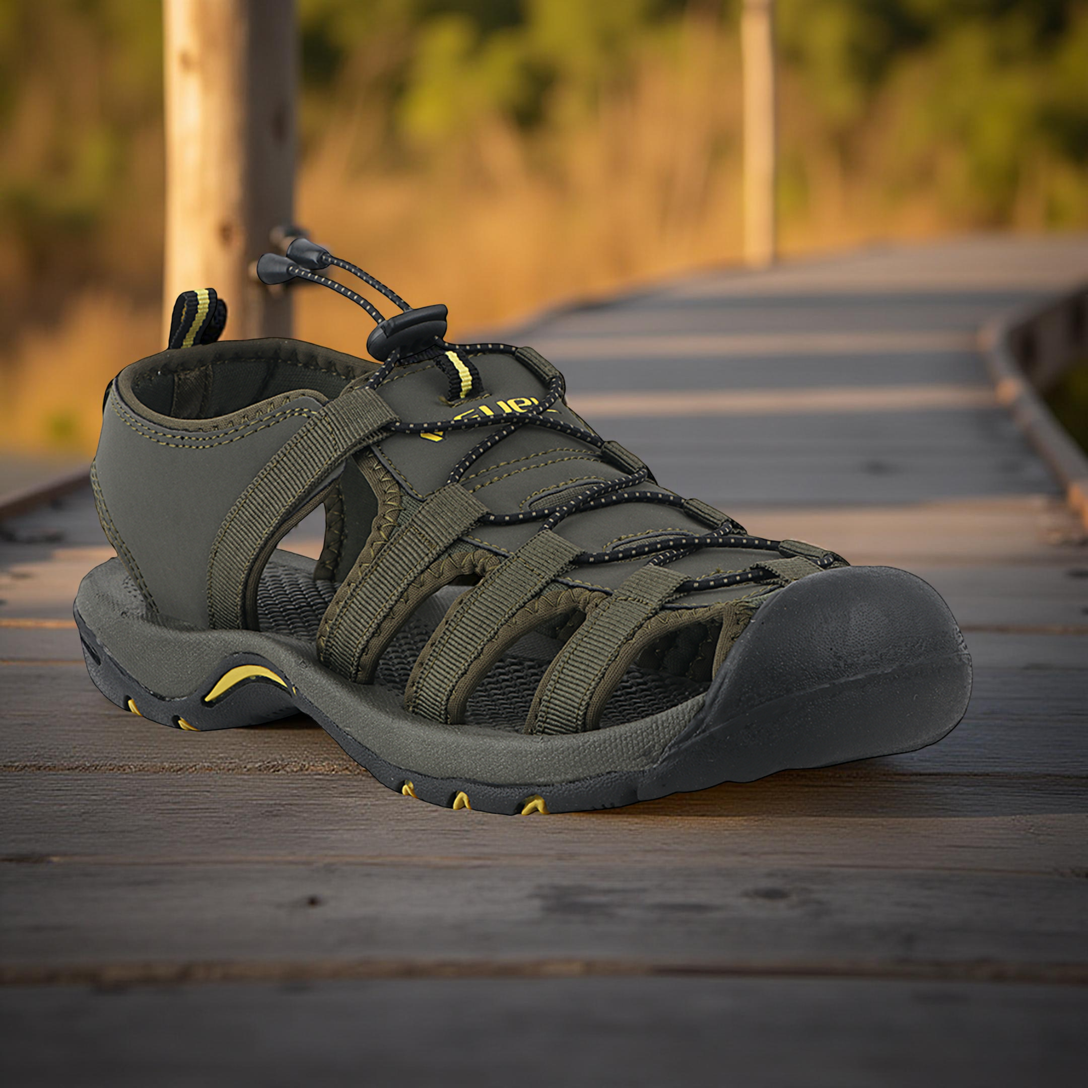 Fuel Soldier-06 Stylish Outdoor Men's Fisherman Sandals with Protective Toe Cap & Durable Grip (Olive-Yellow)