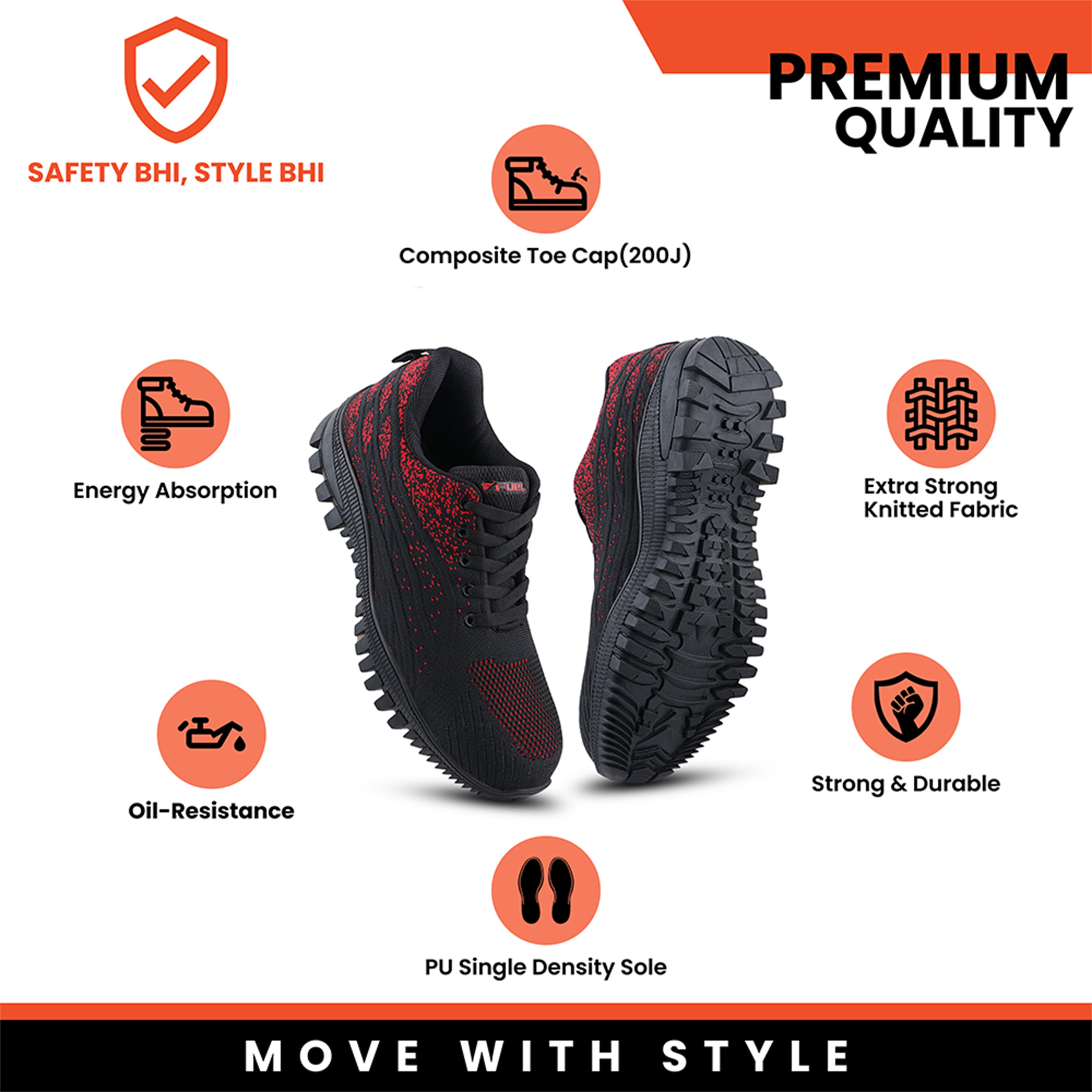 FUEL Trendy Safety Shoes | Knited Fabric | Soft Breathable Mesh Lining | Non Woven Insole, Metallic (200 J) Toe Cap | EVA/TPR Double Density Sole | PU Padded |VAR